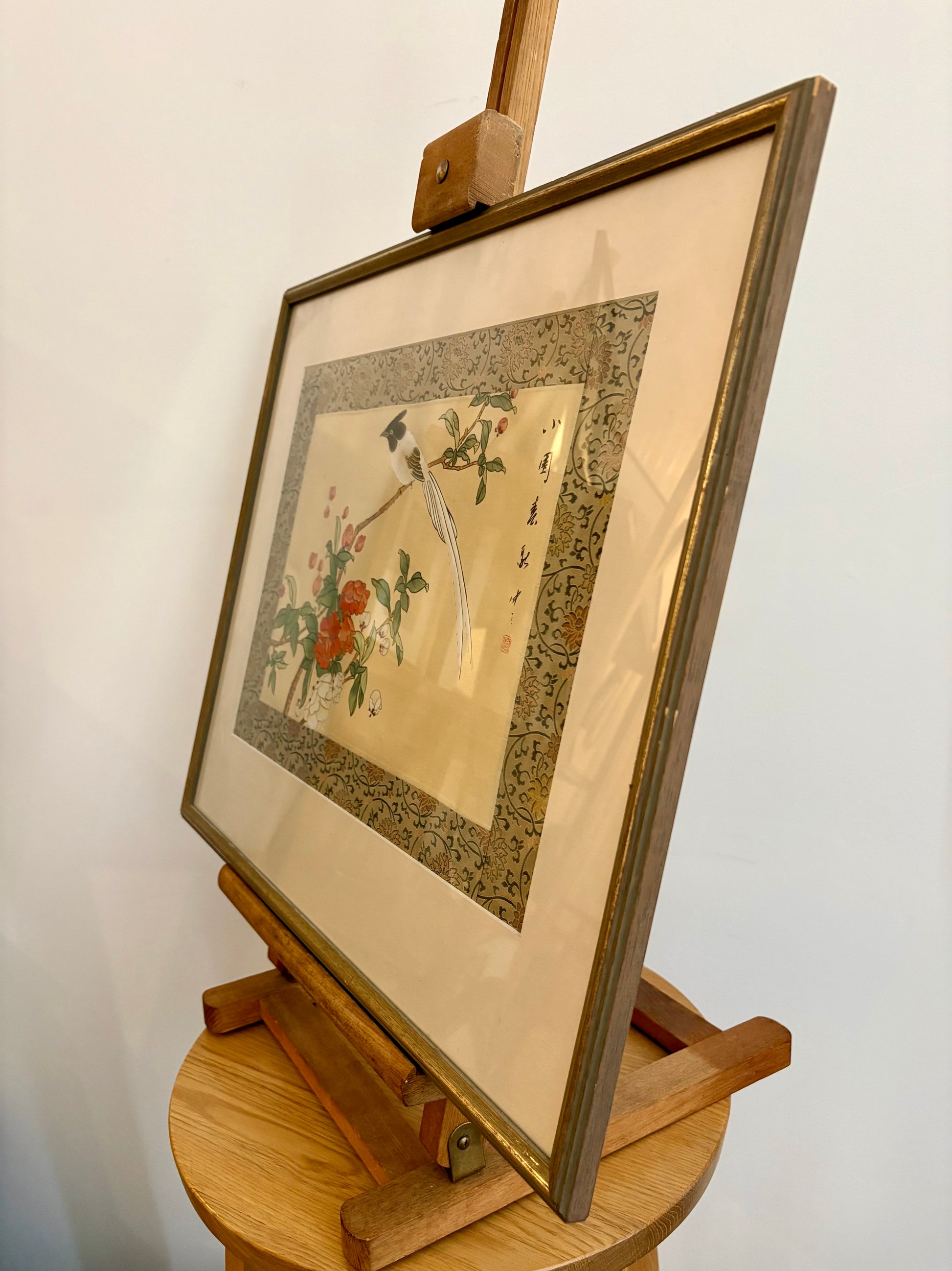 Vintage original Asian painting on silk, bird, flowers, framed art
