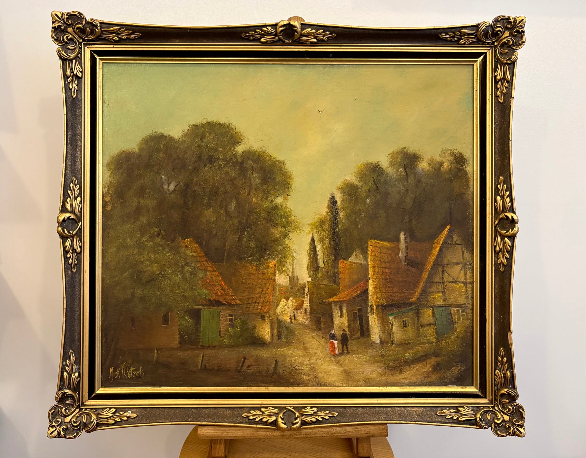 Antique original oil painting, village scene, ornate frame, signed framed art