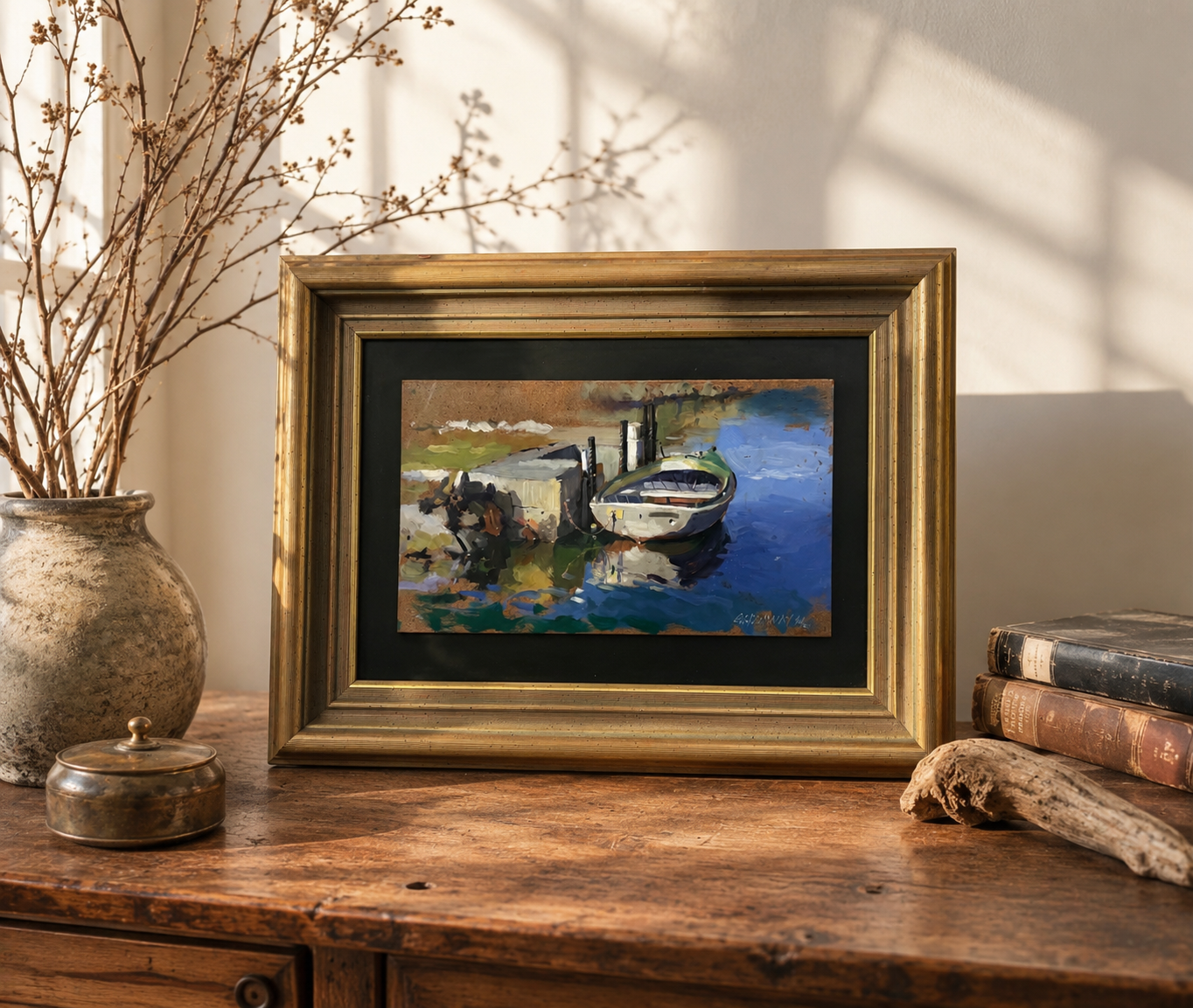 Original Graham Galloway oil painting on board, boat, vintage framed artwork