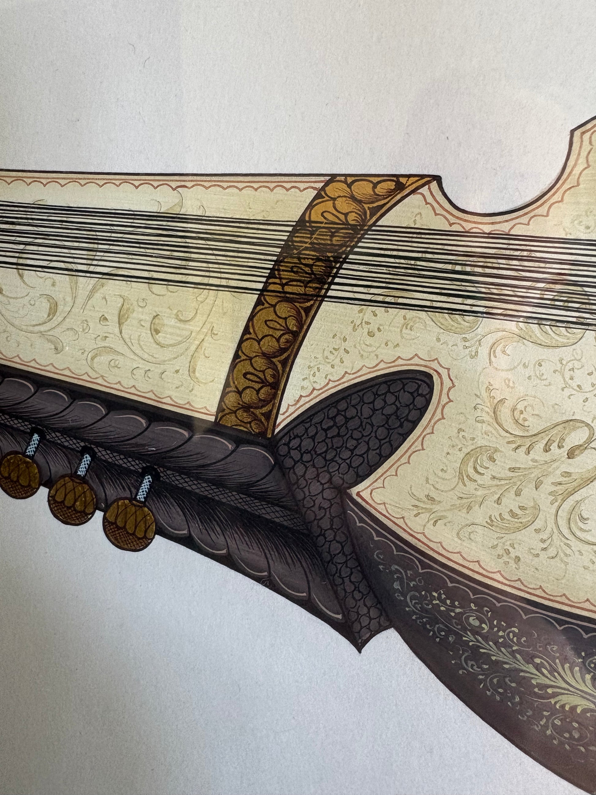 Original Indian folk art painting, Sarod musical instrument, framed art