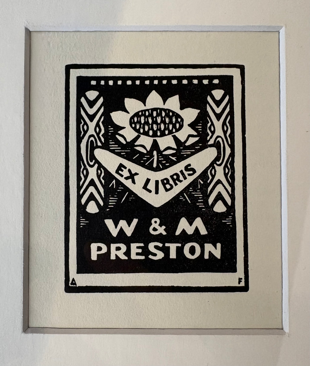1920s original woodblock print, Bookplate for Margaret Preston, Adrian Feint, framed art