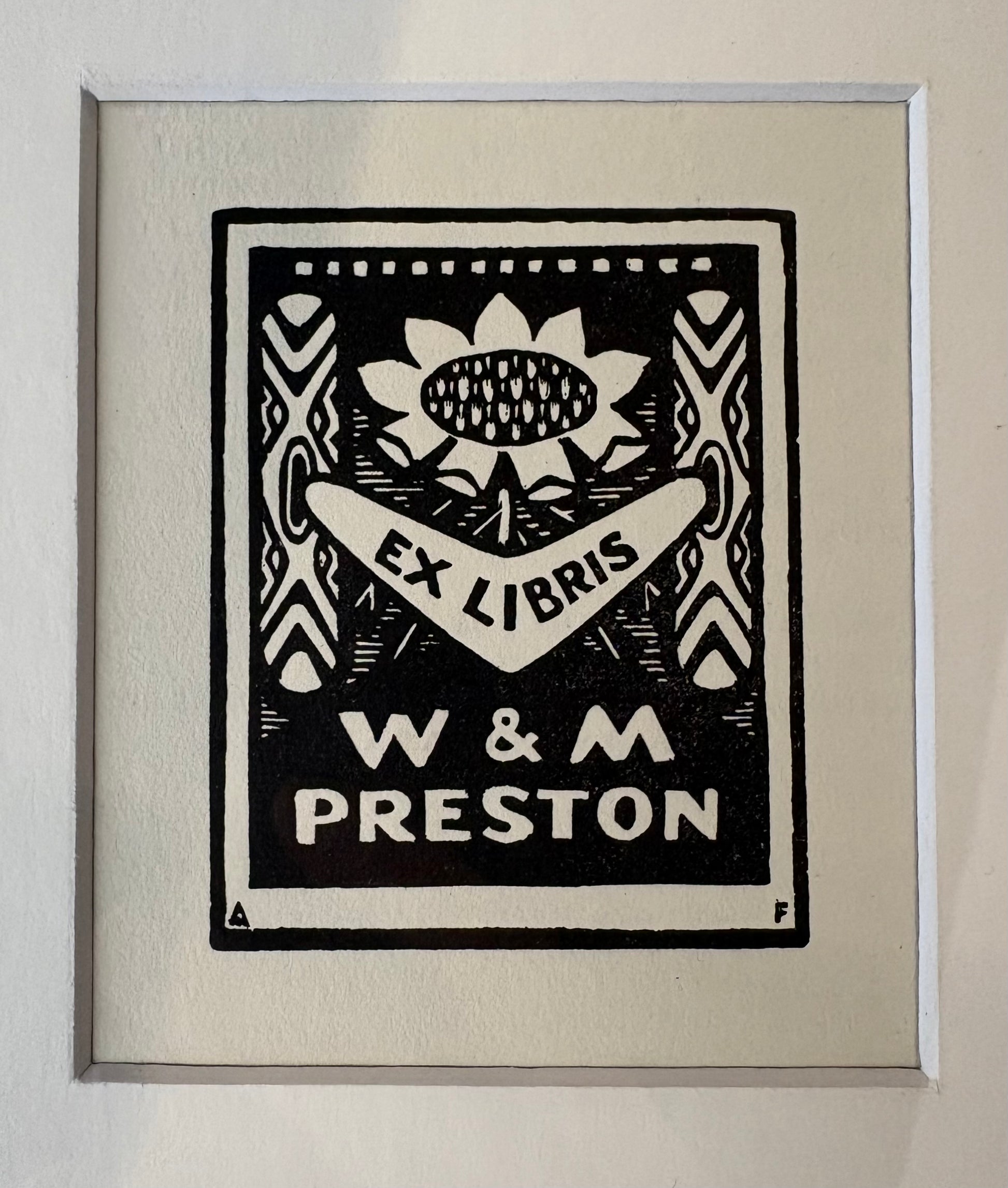 1920s original woodblock print, Bookplate for Margaret Preston, Adrian Feint, framed art