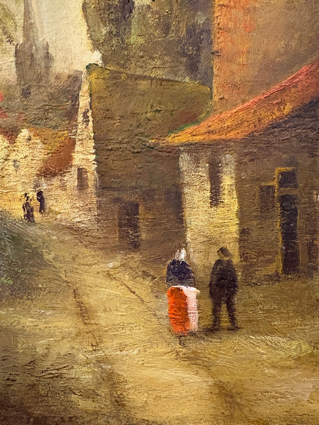 Antique original oil painting, village scene, ornate frame, signed framed art