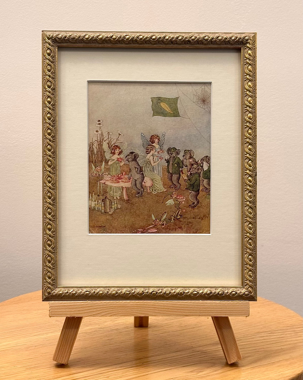 1921 Genuine antique print, Ida Rentoul Outhwaite, fairy with koalas, gilt framed art