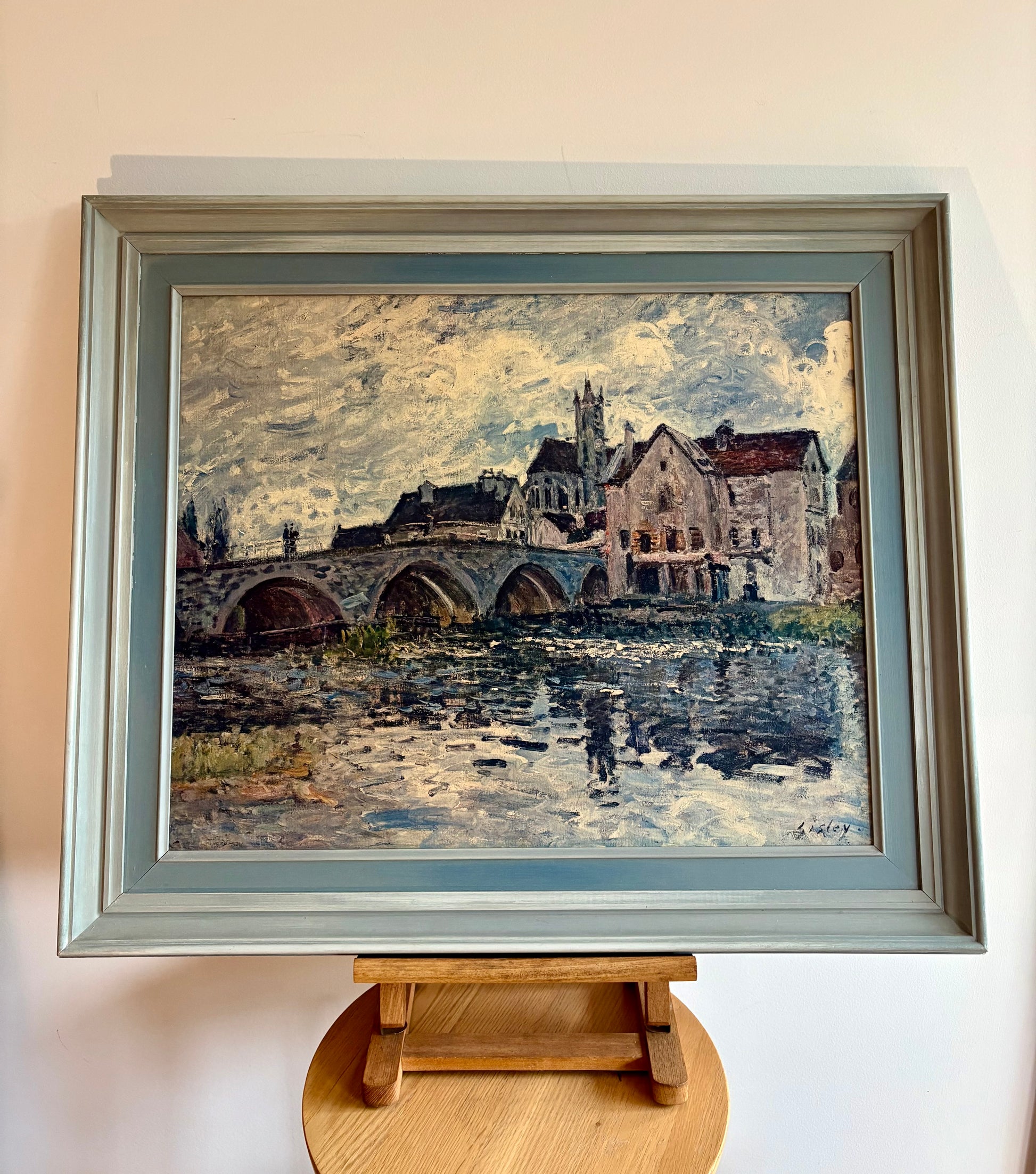 Large vintage Alfred Sisley print, framed art, bridge, French