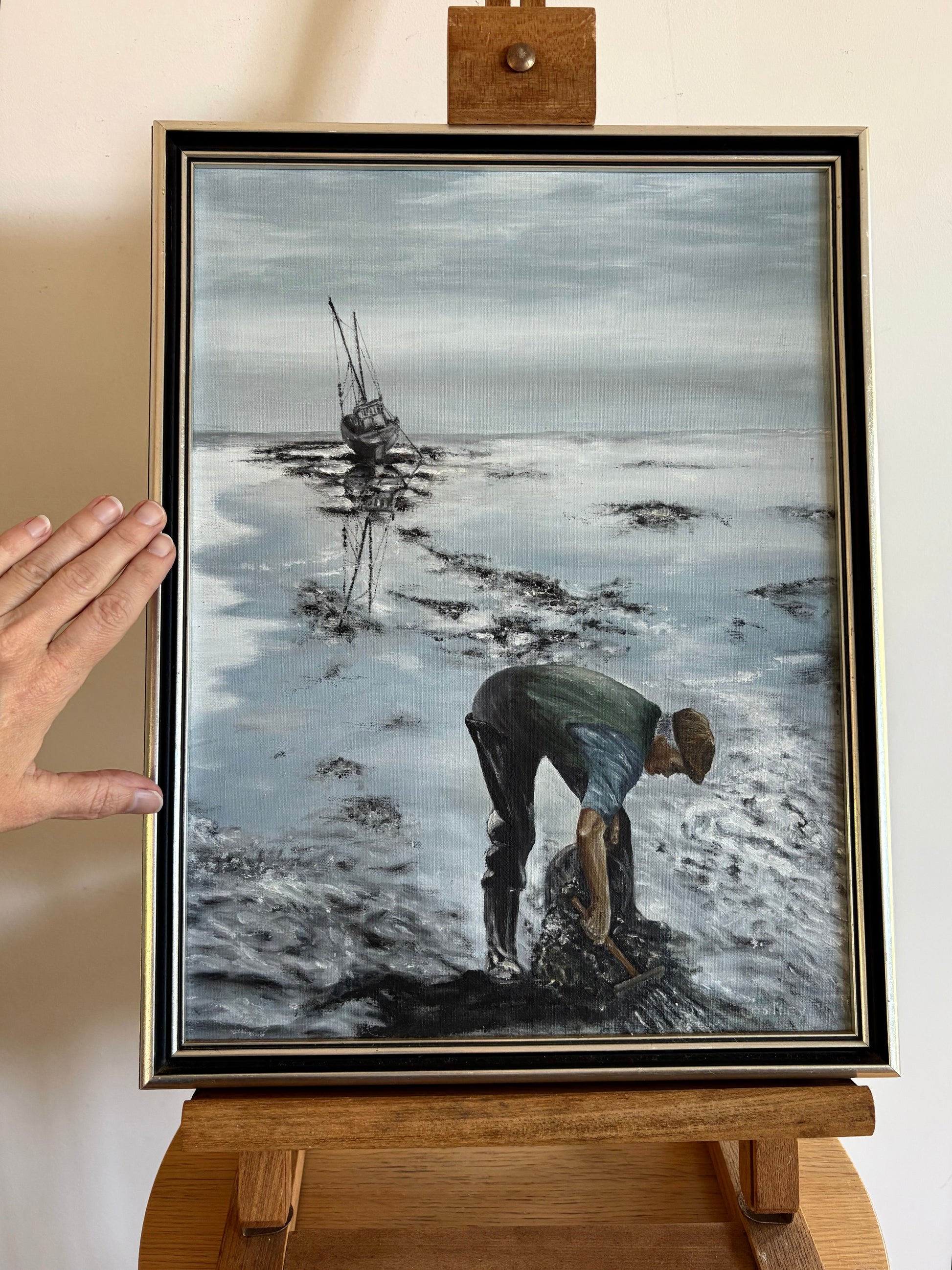 Original 1970s oil painting on board, vintage framed art, fishing