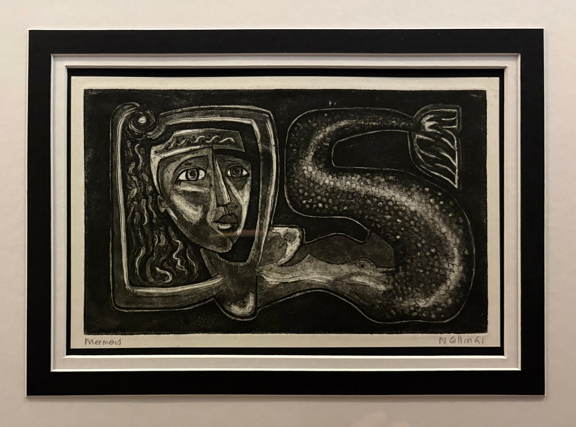 Original Nigel Gillings etching, Mermaid, signed, framed vintage art