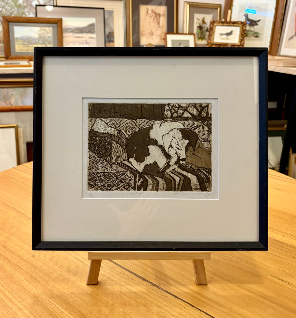 Vintage original dry point etching, dog, signed framed art