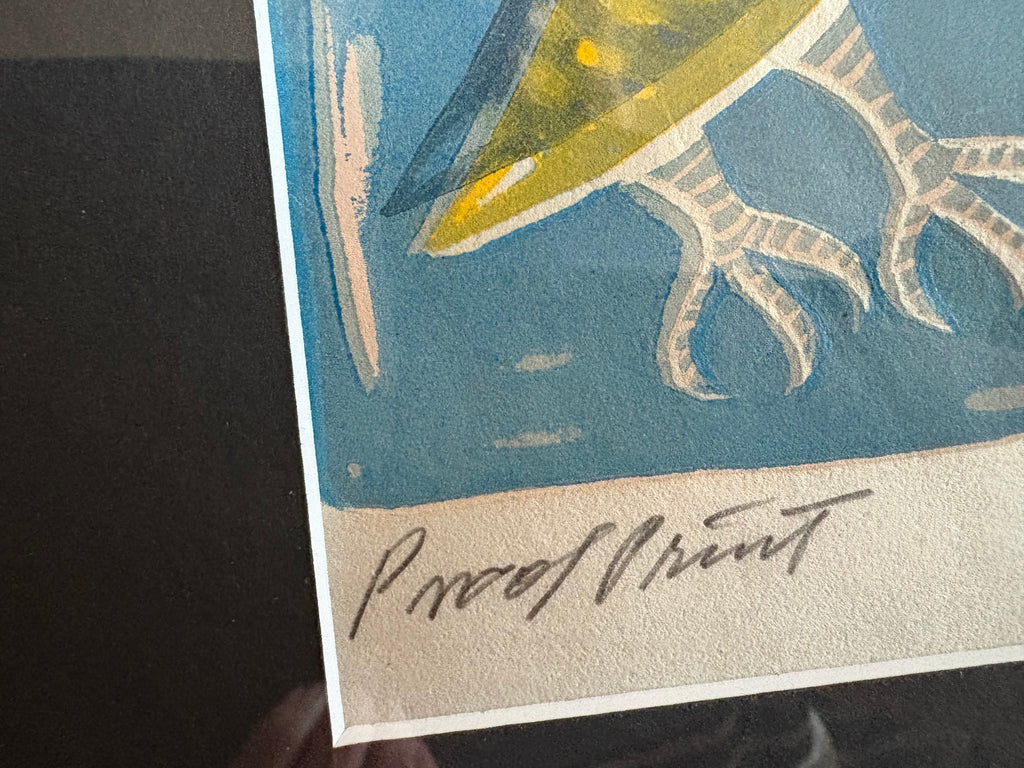 Original Robert Trauer Lithograph, Artist’s Proof, guitar, bird, framed vintage art