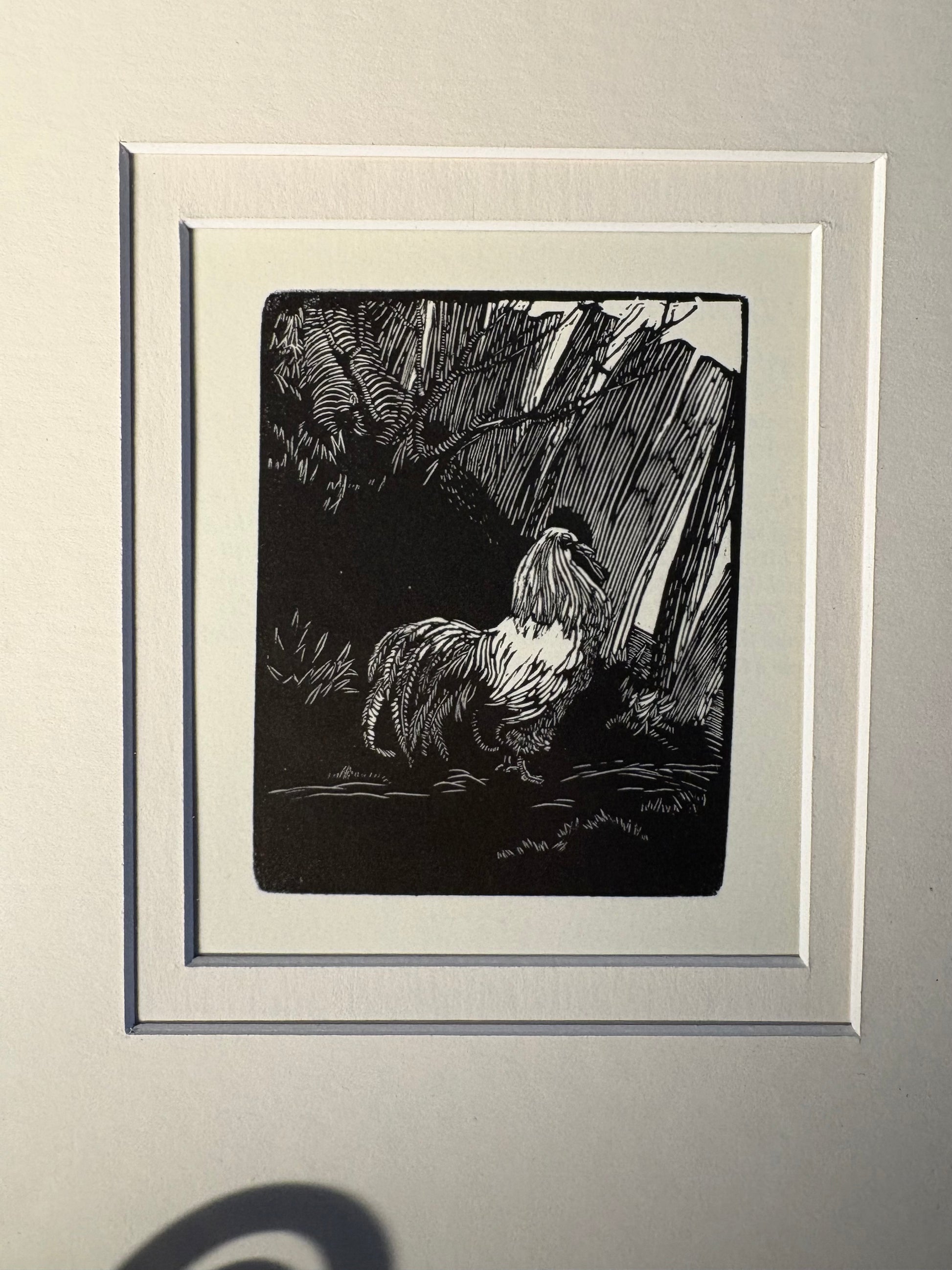 Original Helen Ogilvie woodblock print "The White Rooster", framed art, farmyard birds, Australian artwork