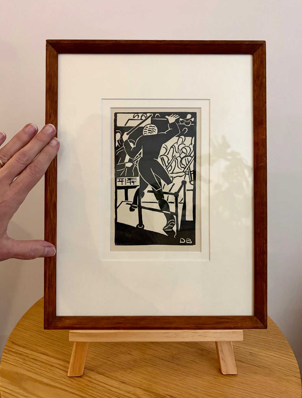 1930s Original linocut print, Dorrit Black, Conductor, framed vintage art