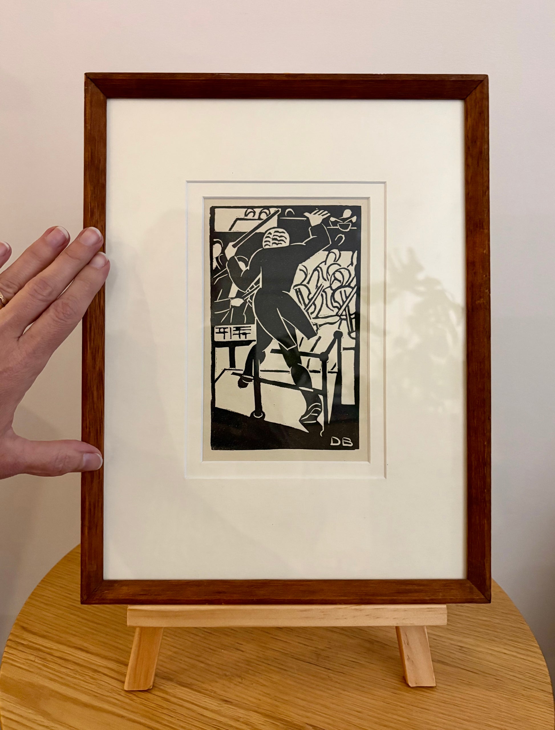 1930s Original linocut print, Dorrit Black, Conductor, framed vintage art