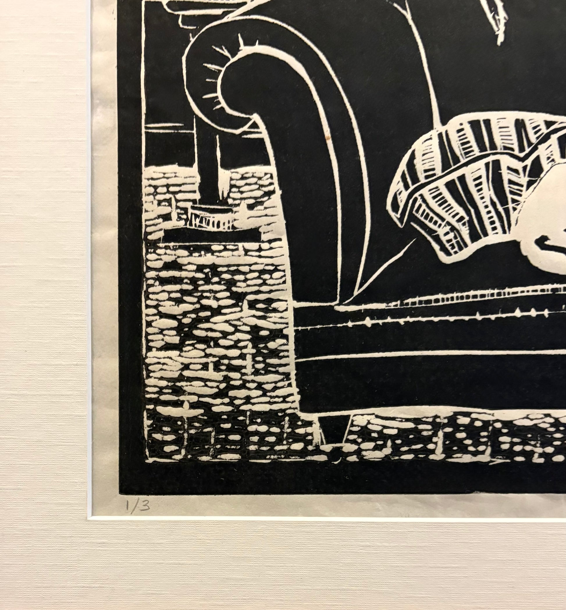 Vintage original lino print, dog, cat, signed framed art
