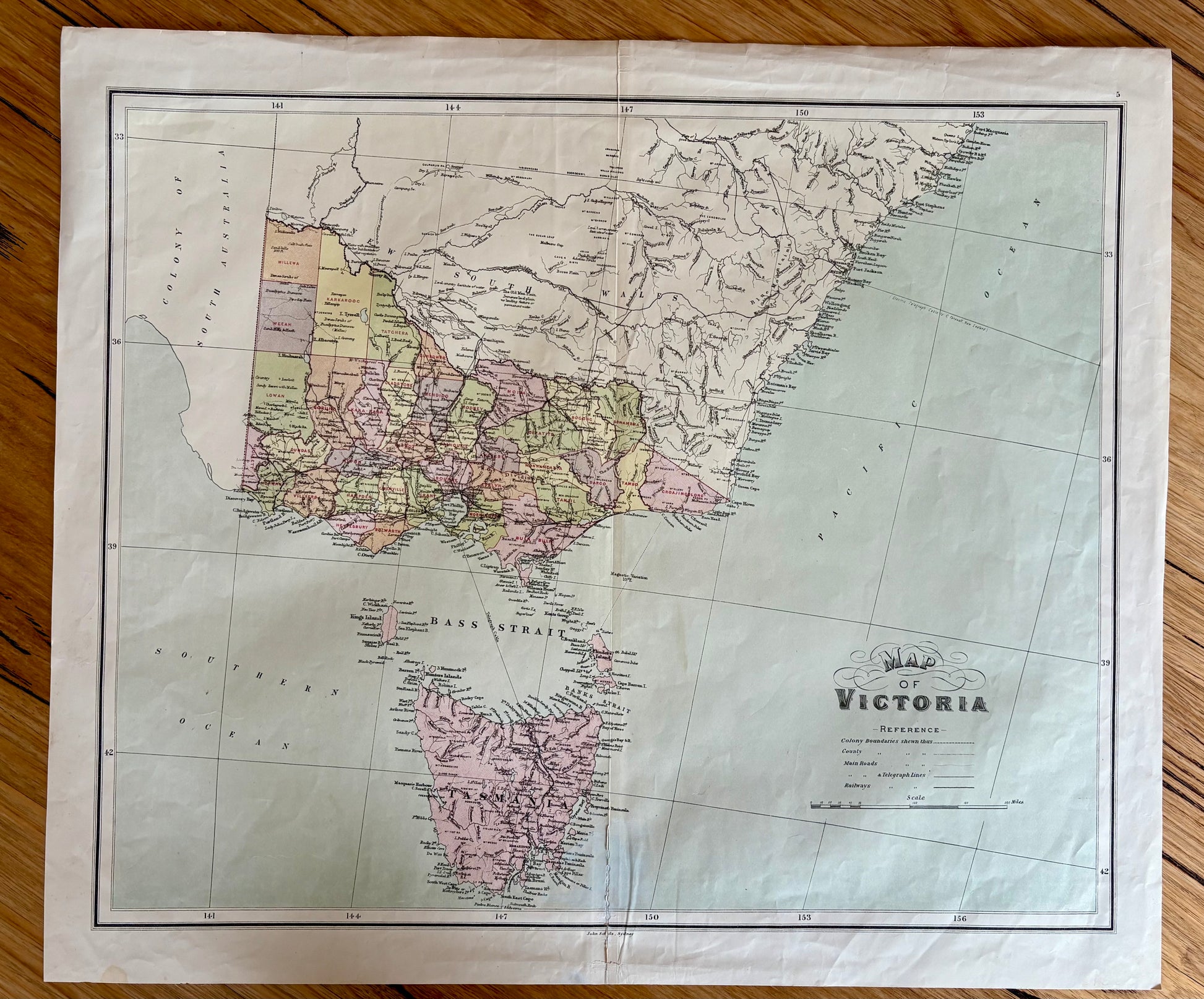 1886 genuine antique large map of Victoria and Tasmania