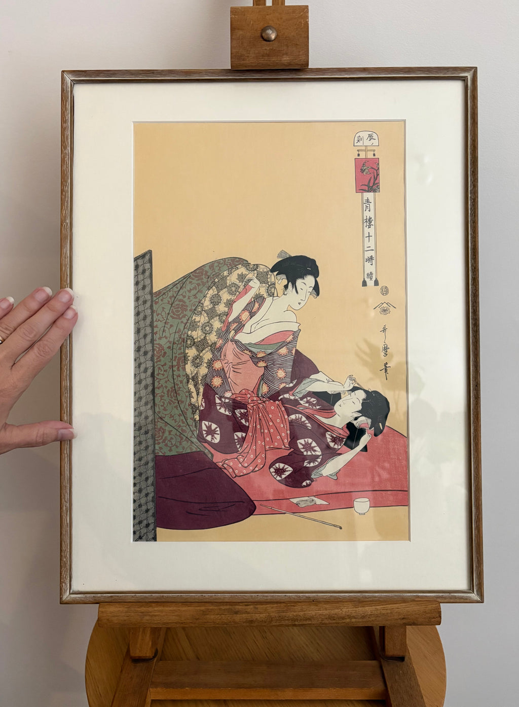 Original woodblock print, reproduction after Utamaro, framed Japanese vintage art