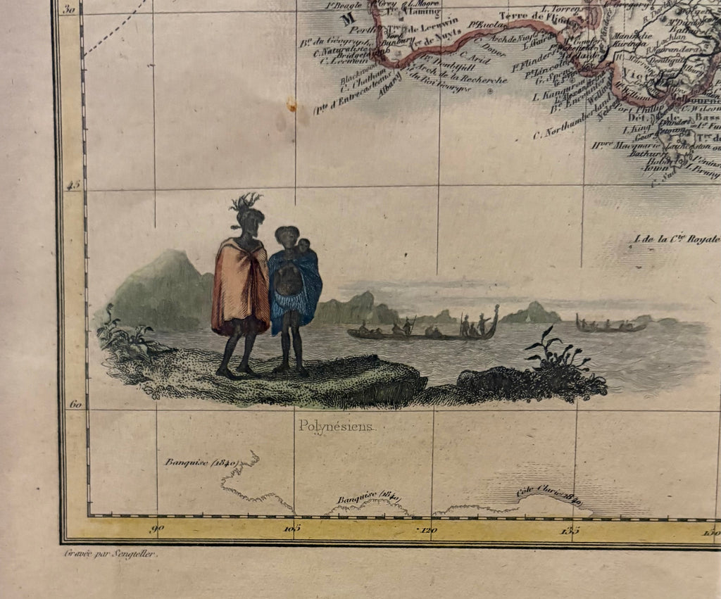 1878 antique map of Australia and surrounds, engraved, hand coloured, French, vintage framed
