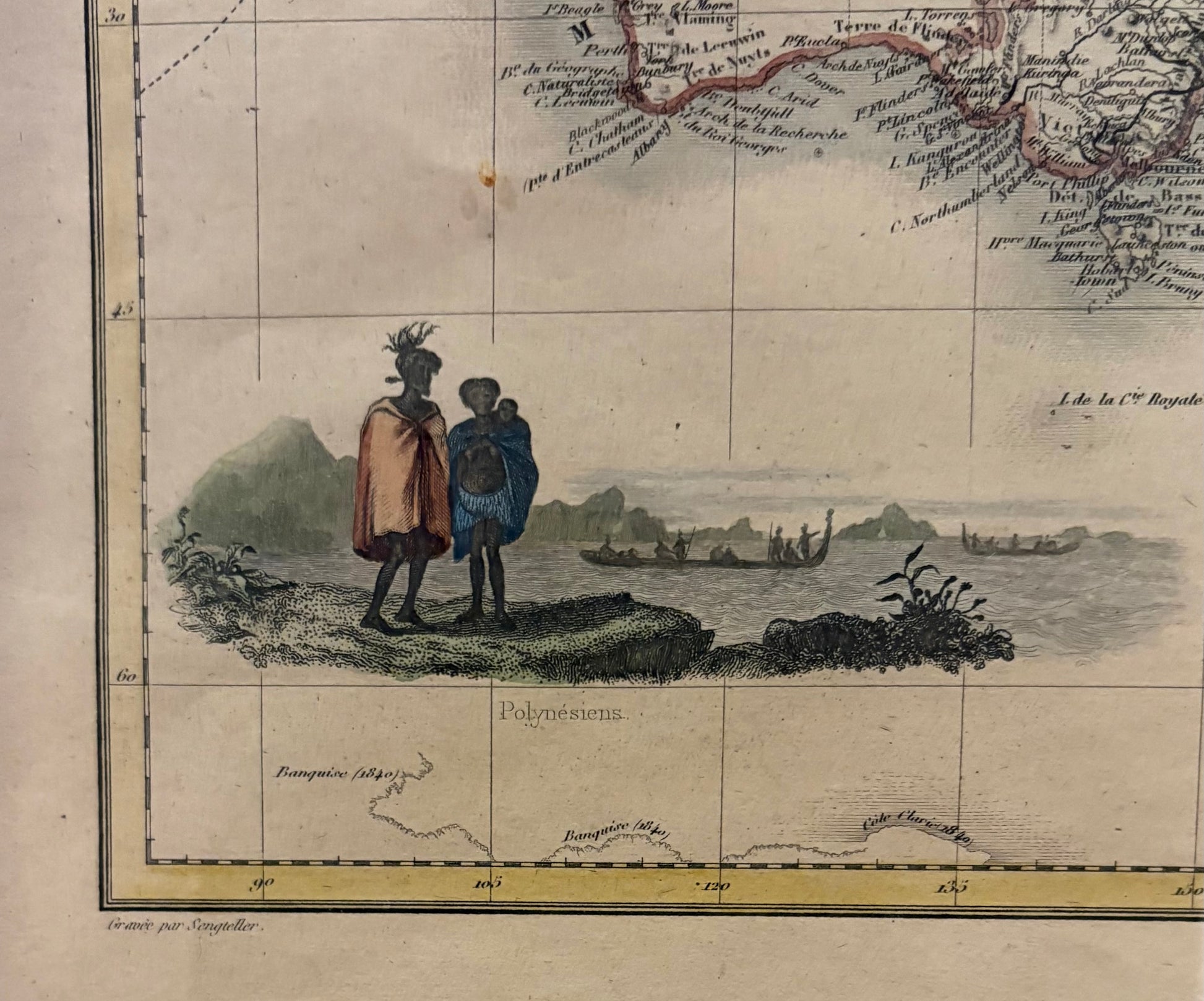 1878 antique map of Australia and surrounds, engraved, hand coloured, French, vintage framed