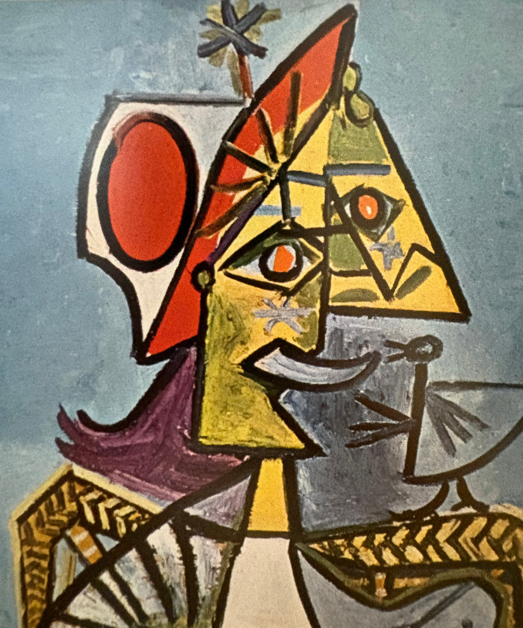 1960s Picasso print, portrait, vintage framed art, “Woman with Bird”, Mid Century