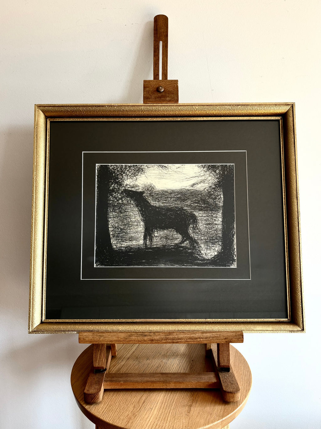 1928 Rare antique print, French, Seurat, drawing, framed art, foal, horse