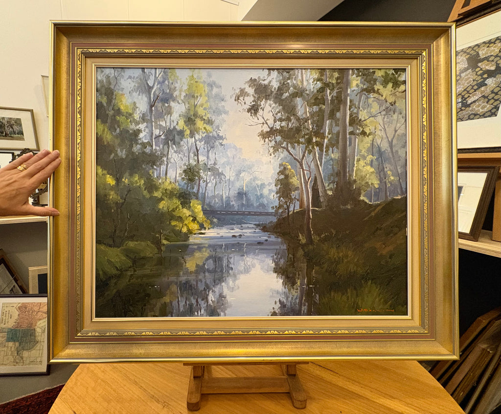 Large original oil painting on linen, Walter Magilton, “Sheepyard Flat”, vintage framed art