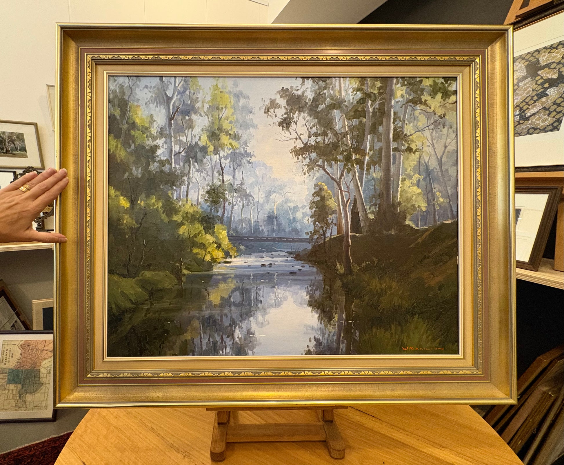 Large original oil painting on linen, Walter Magilton, “Sheepyard Flat”, vintage framed art