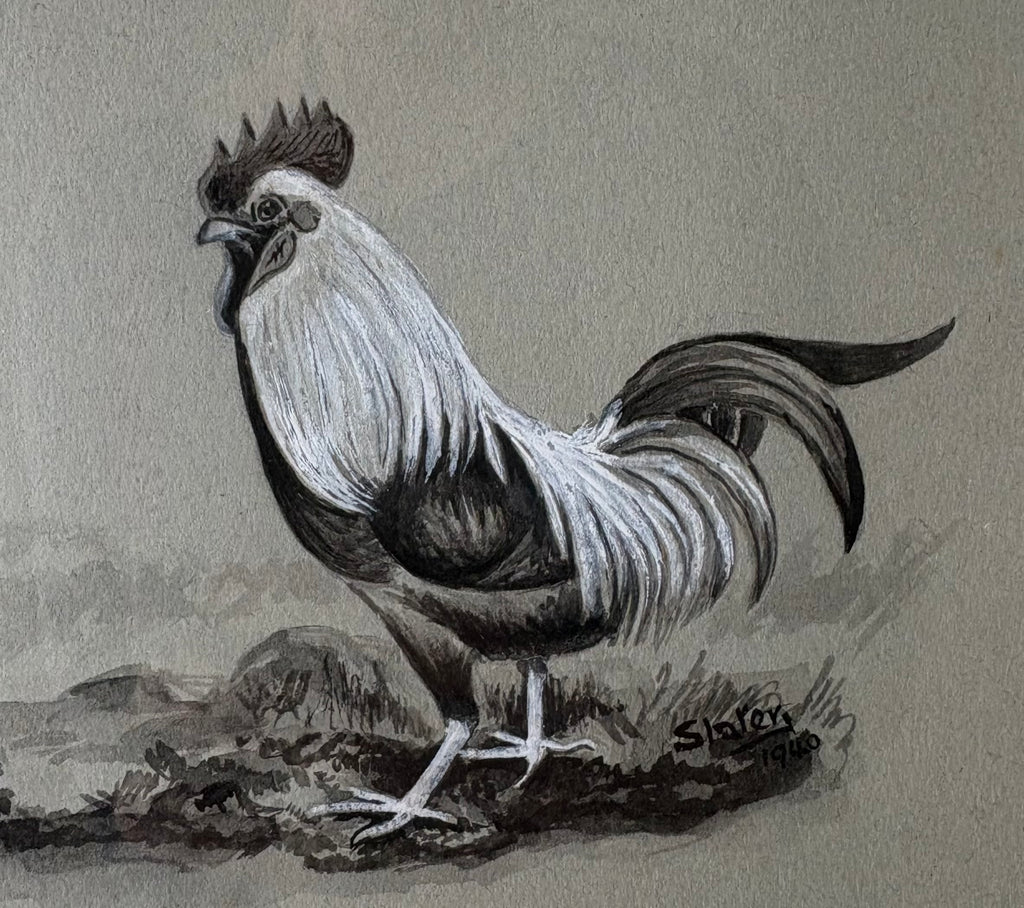1940 original painting, Rooster, framed vintage art