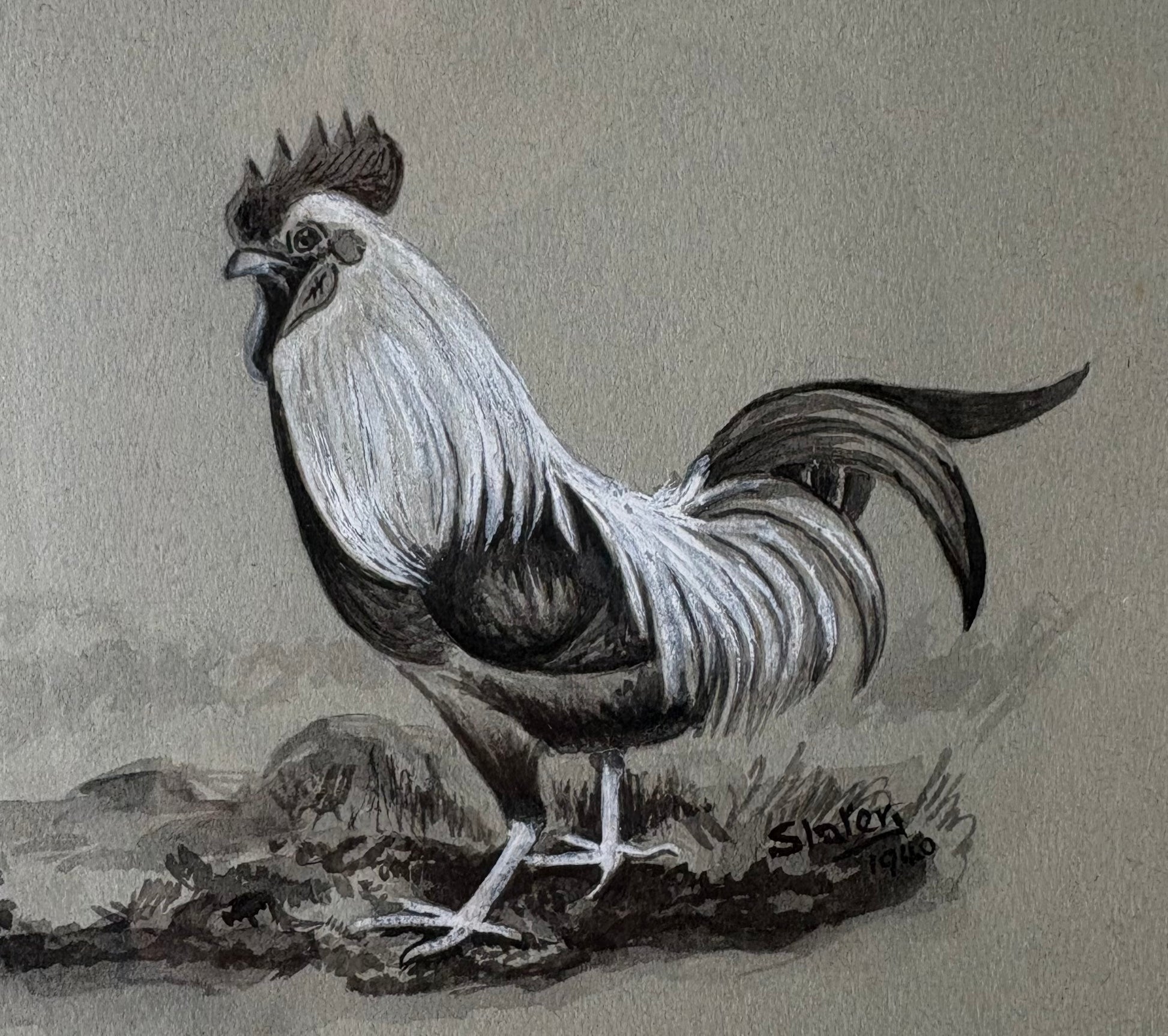 1940 original painting, Rooster, framed vintage art