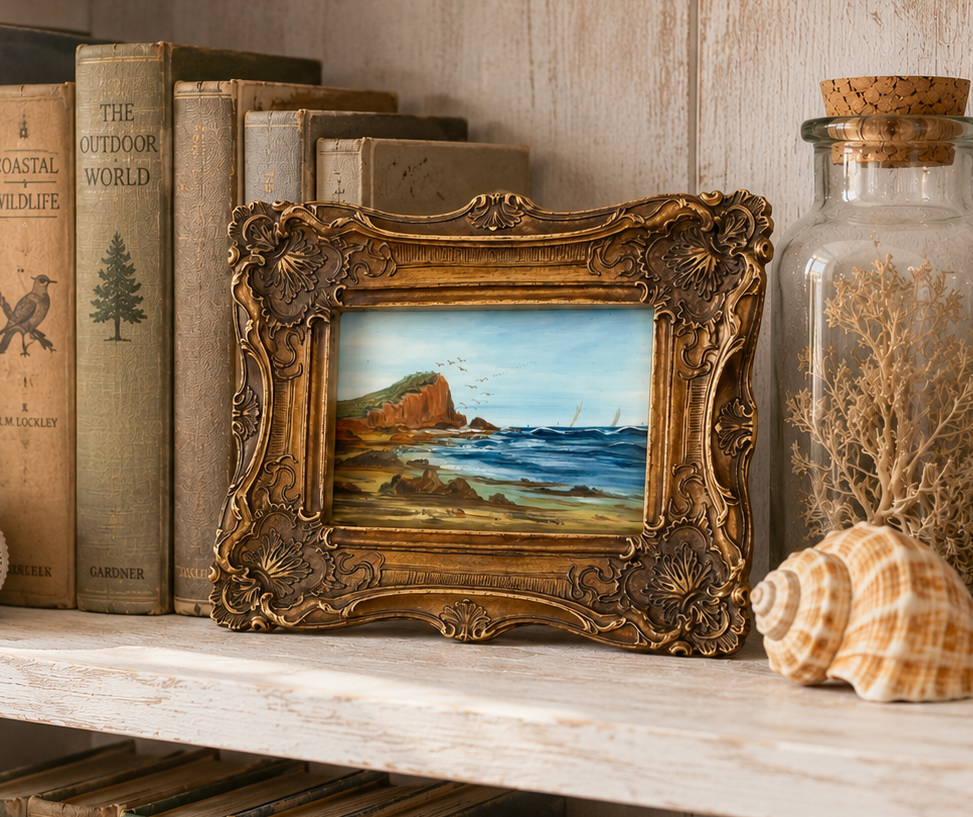 1900s Antique original painting, gilt frame, coastal, yachts