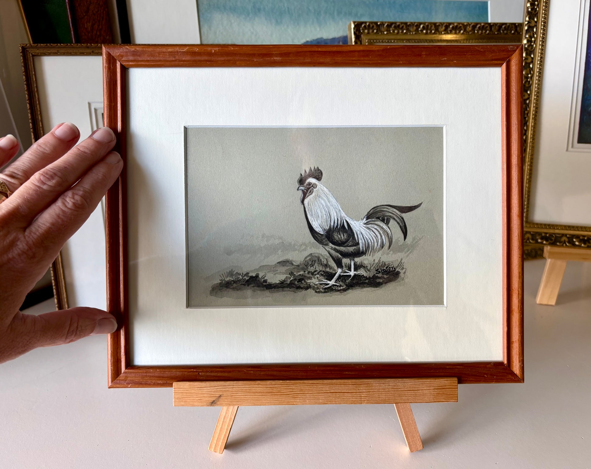 1940 original painting, Rooster, framed vintage art