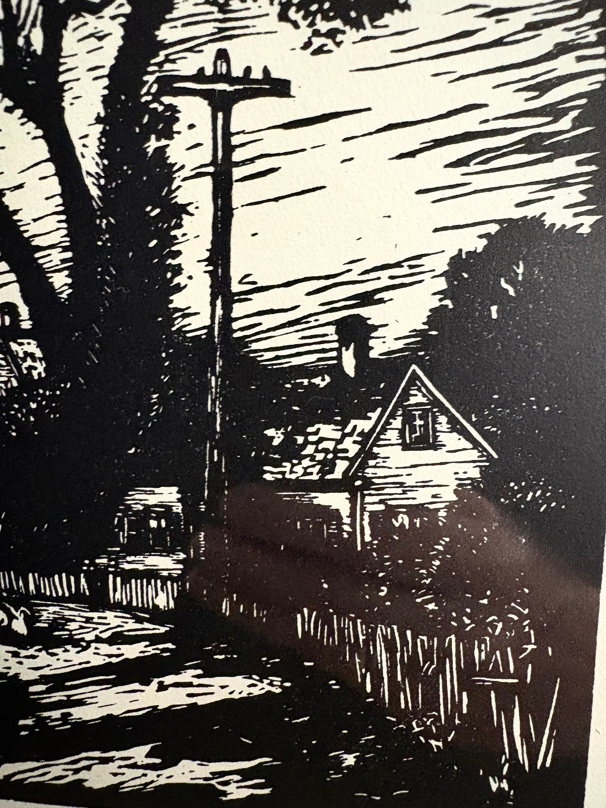 1924 print after Tod Lindenmuth, woodblock, framed vintage antique art