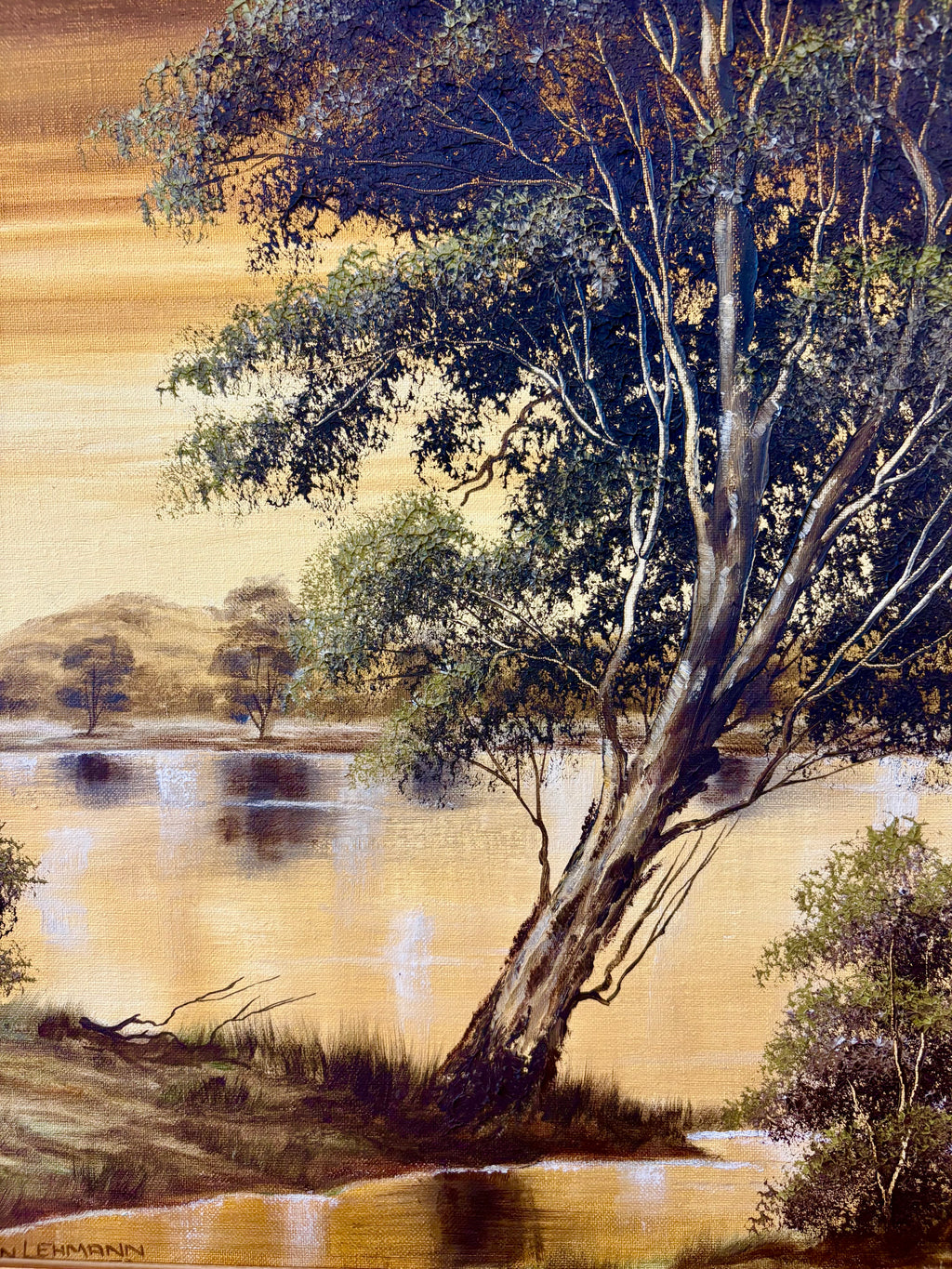 1970s original Joan Lehmann oil painting on canvas, Sunset, Australian landscape, framed art