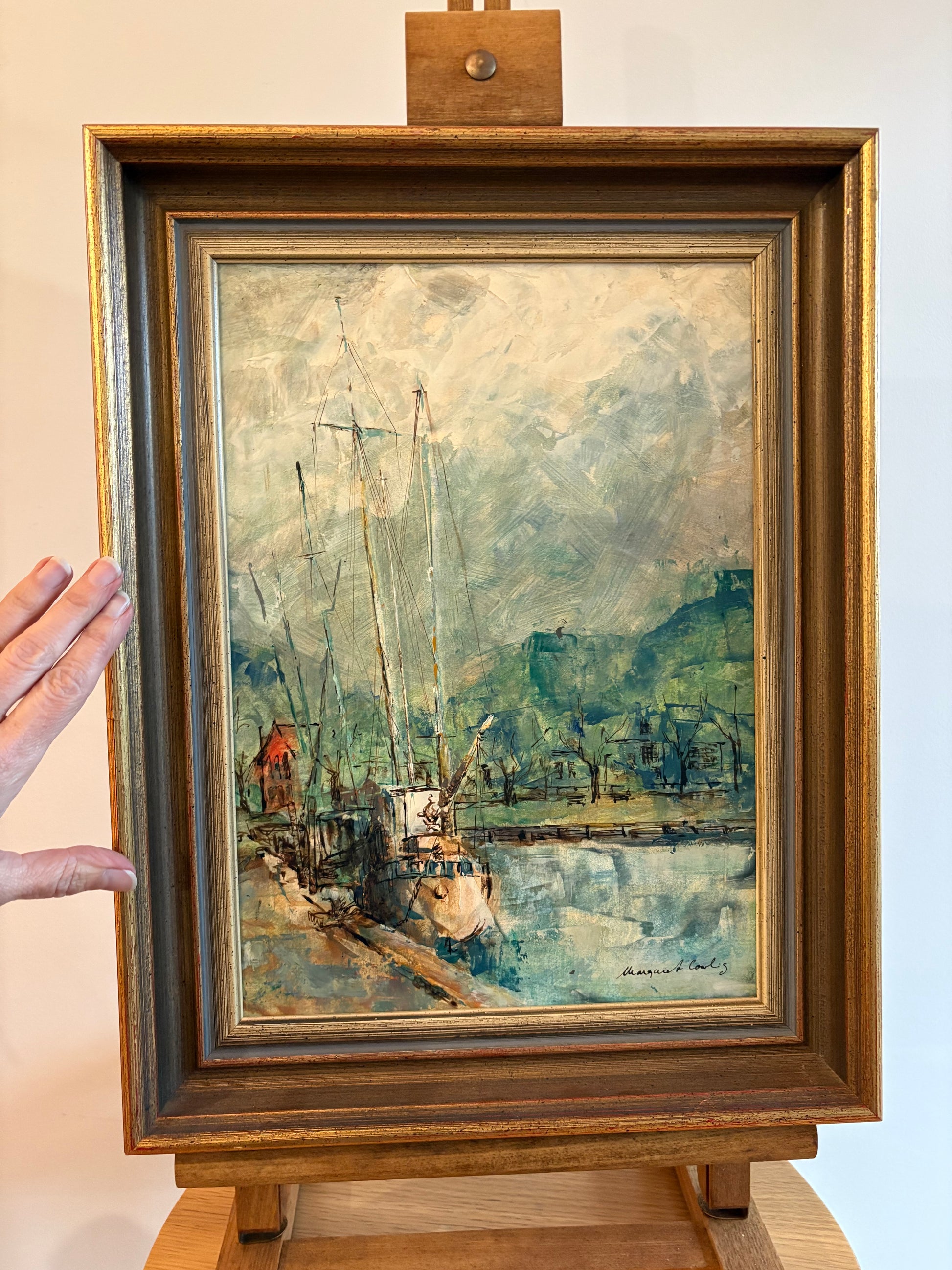 Vintage original oil painting on board, Margaret Cowling, fishing boats, jetty, seaside, framed art