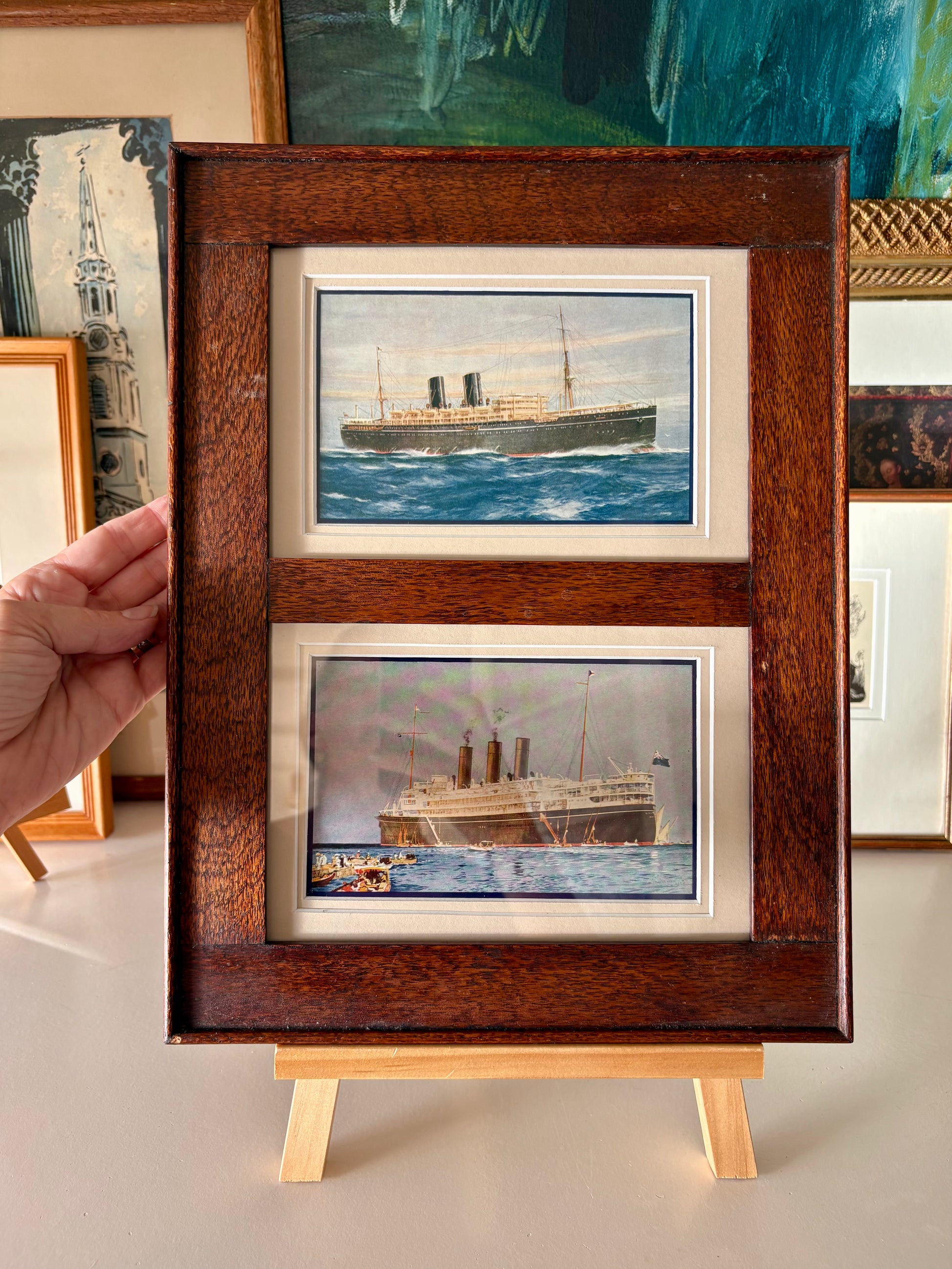 1920s Antique Australian ship prints, pair, silky oak frame