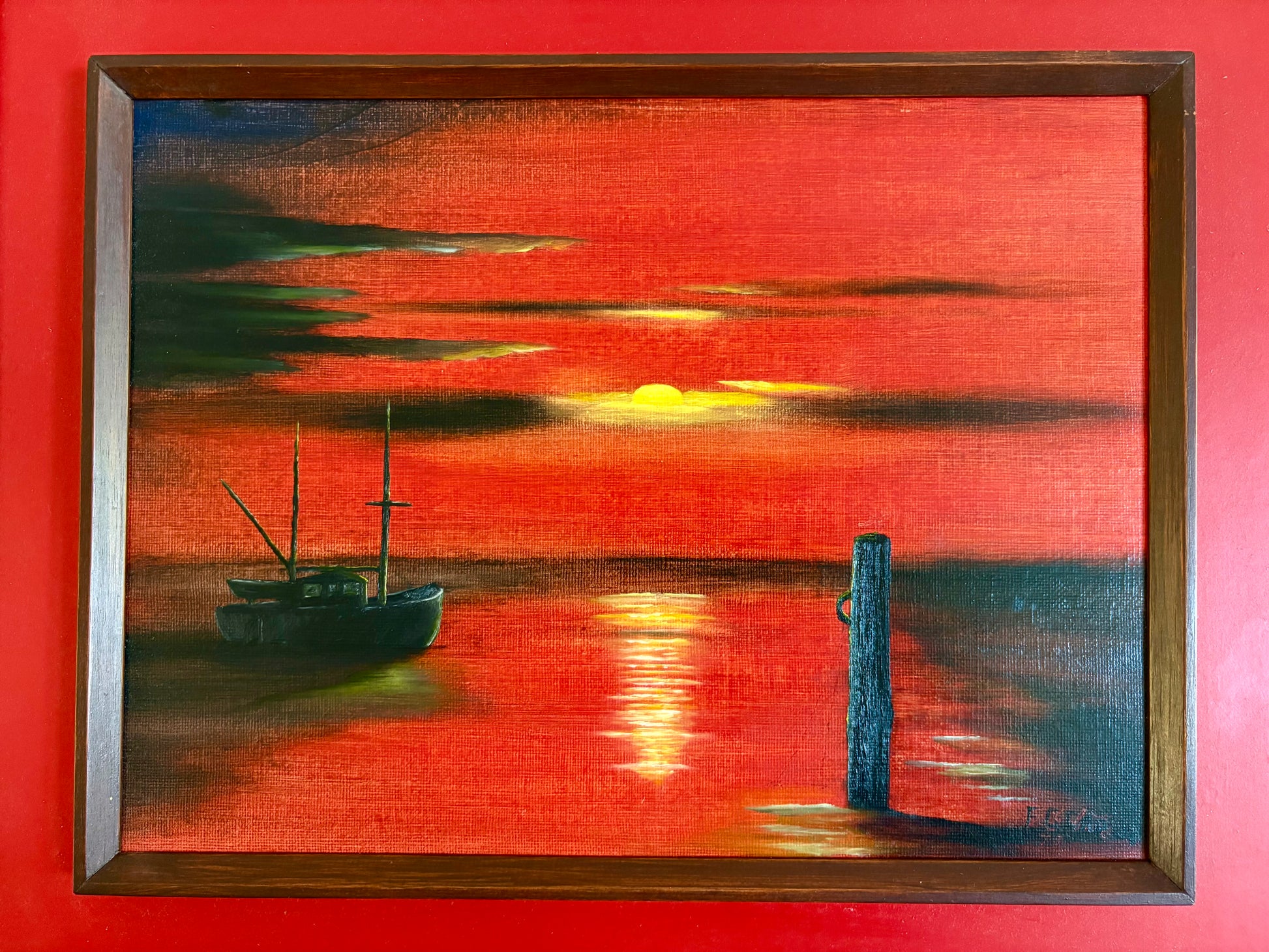 1970s original painting, retro, signed, fishing boat, sunset, framed art