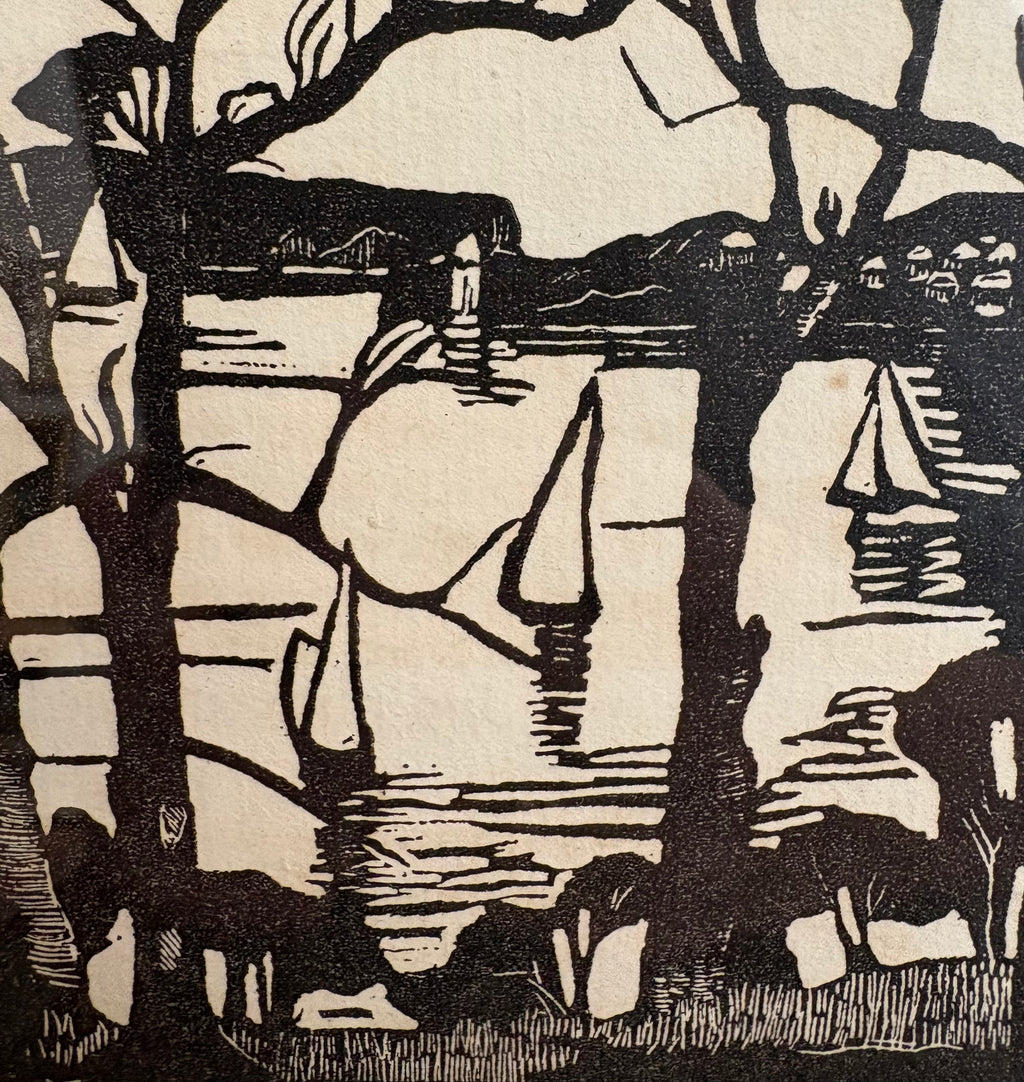 1926 Antique Margaret Preston print, "Sydney Heads," framed vintage art