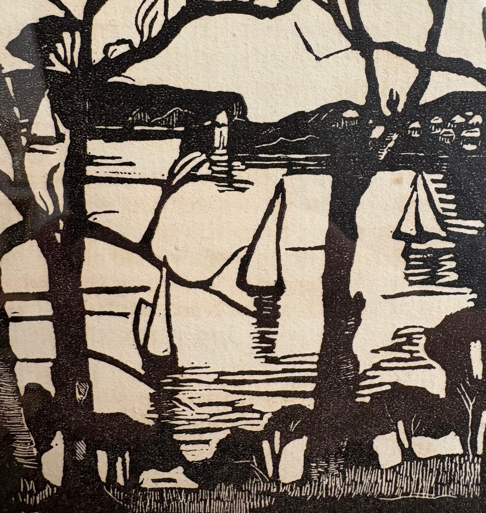 1926 Antique Margaret Preston print, "Sydney Heads," framed vintage art