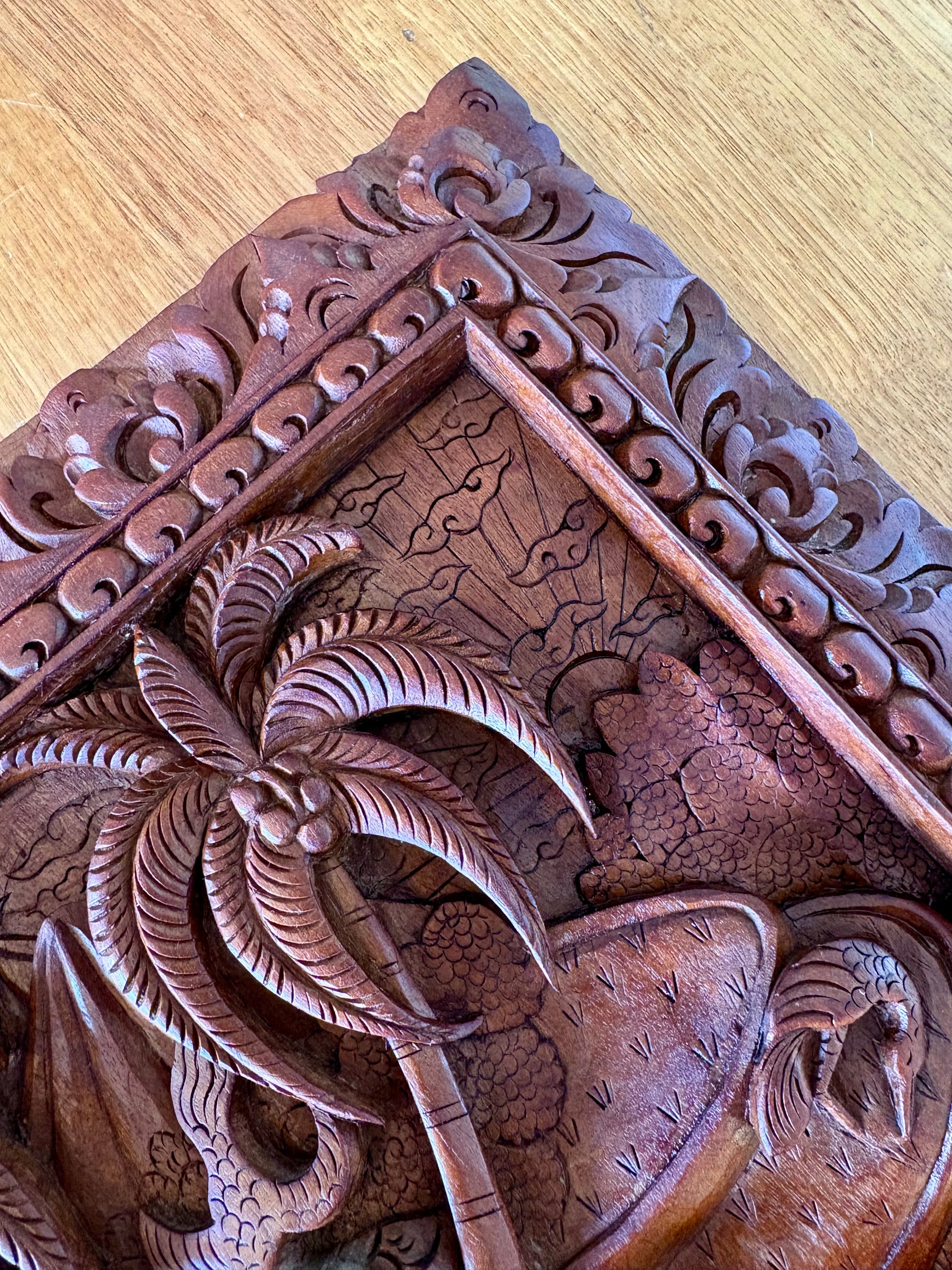 Traditional Balinese teak wood carving, harvest, vintage art