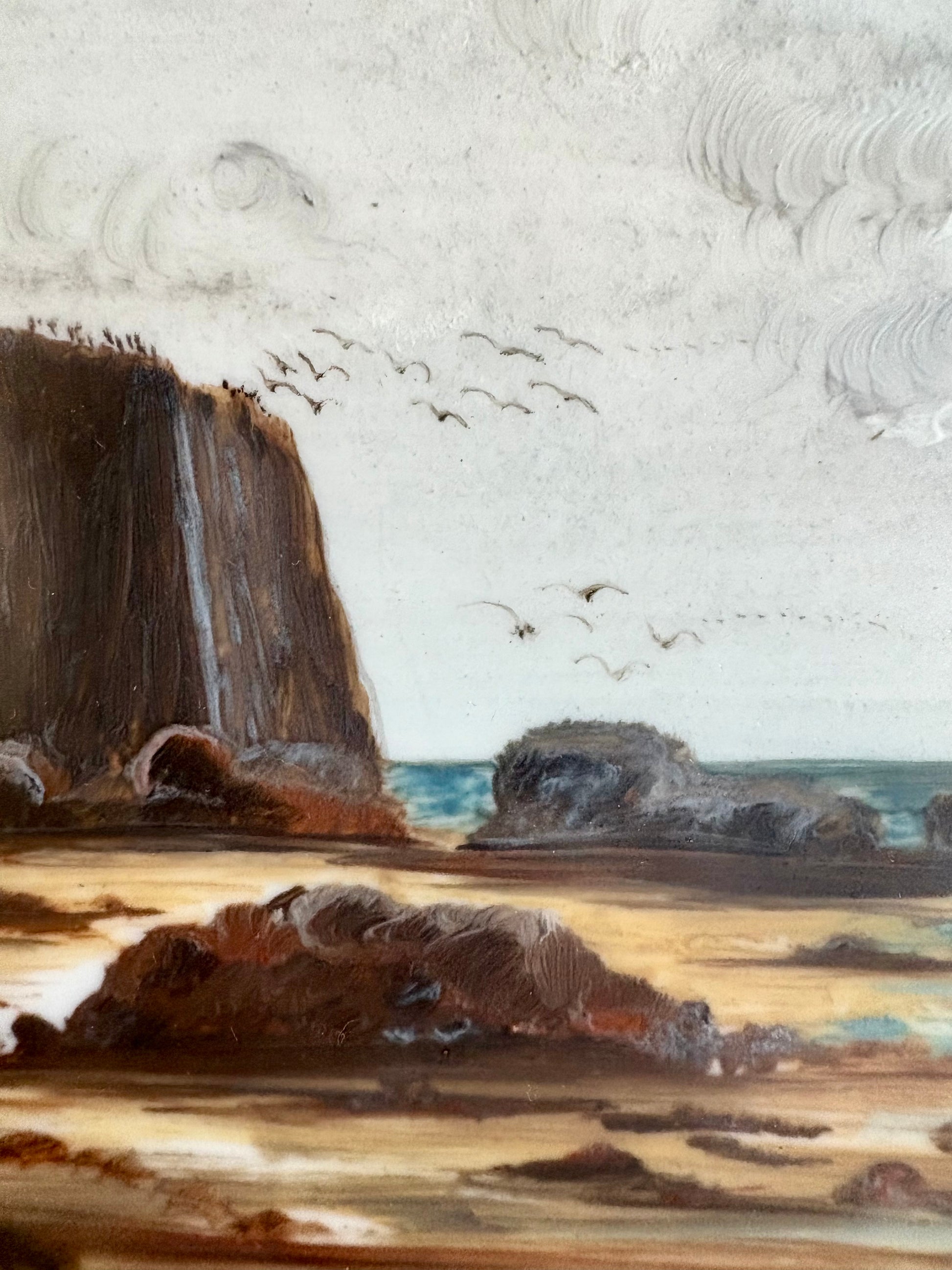 Antique original painting on white glass, coastal landscape scene, tall ship, framed vintage art