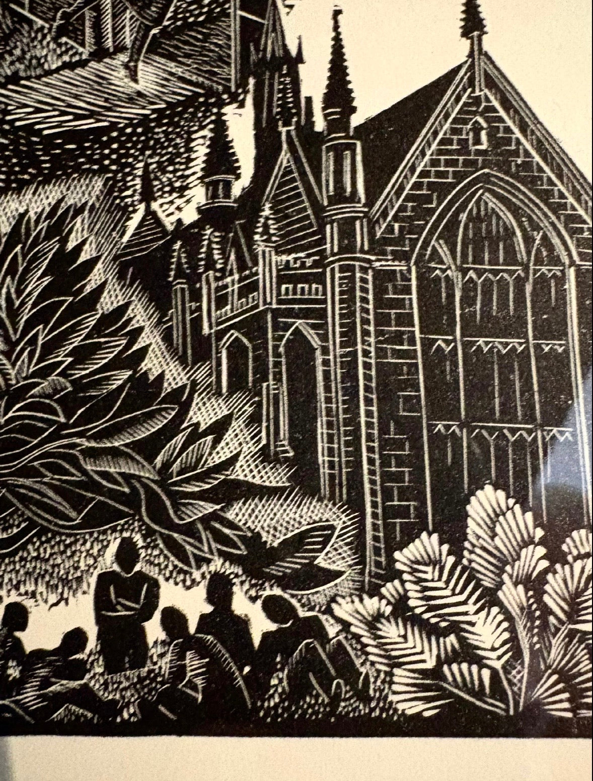 Original Helen Ogilvie woodblock print "Melbourne University", framed art, Architecture, Australian artwork