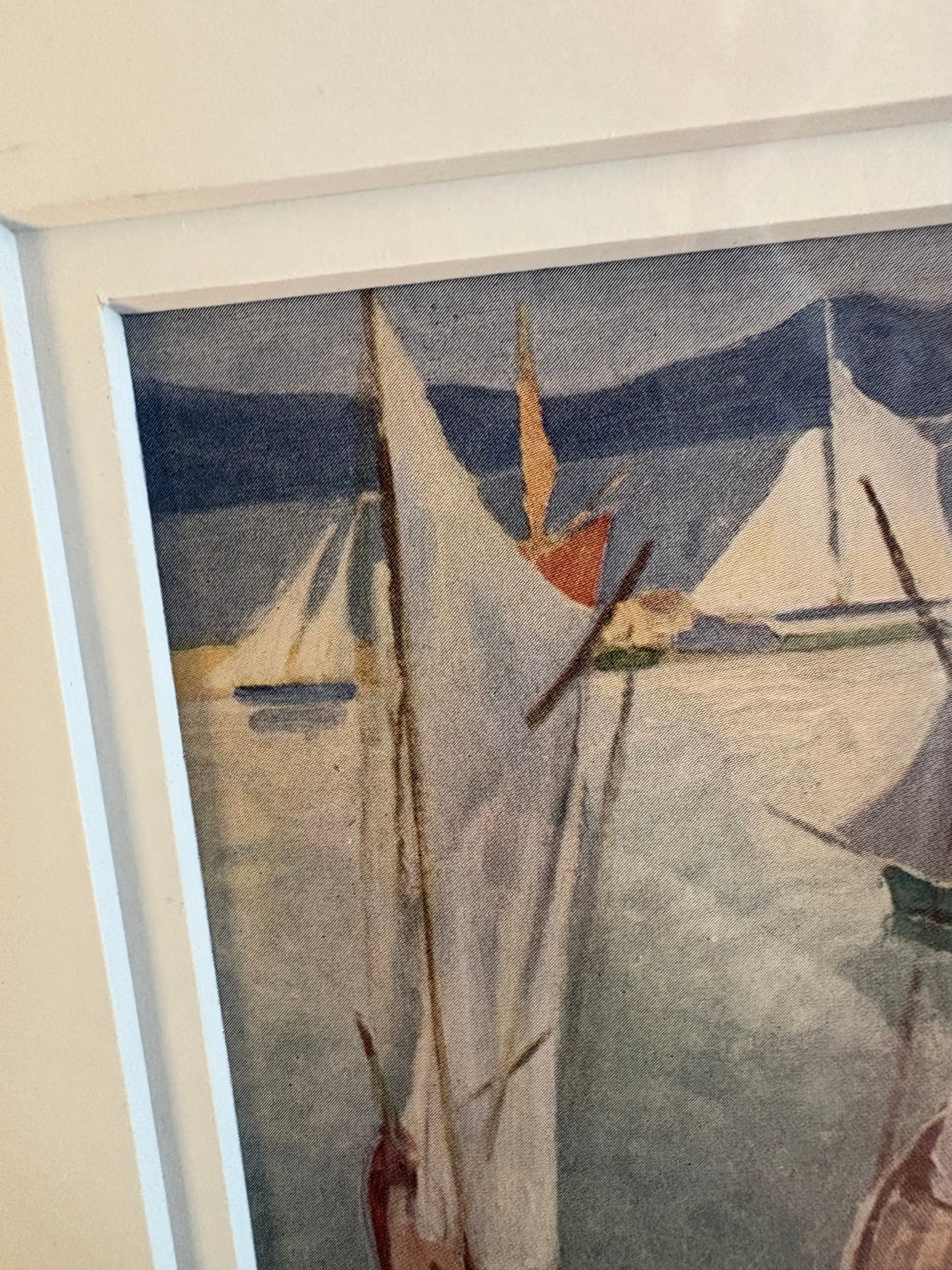 1925 Antique print, miniature, “Drying Sails”, Elioth Gruner, yachts, Australian framed artwork