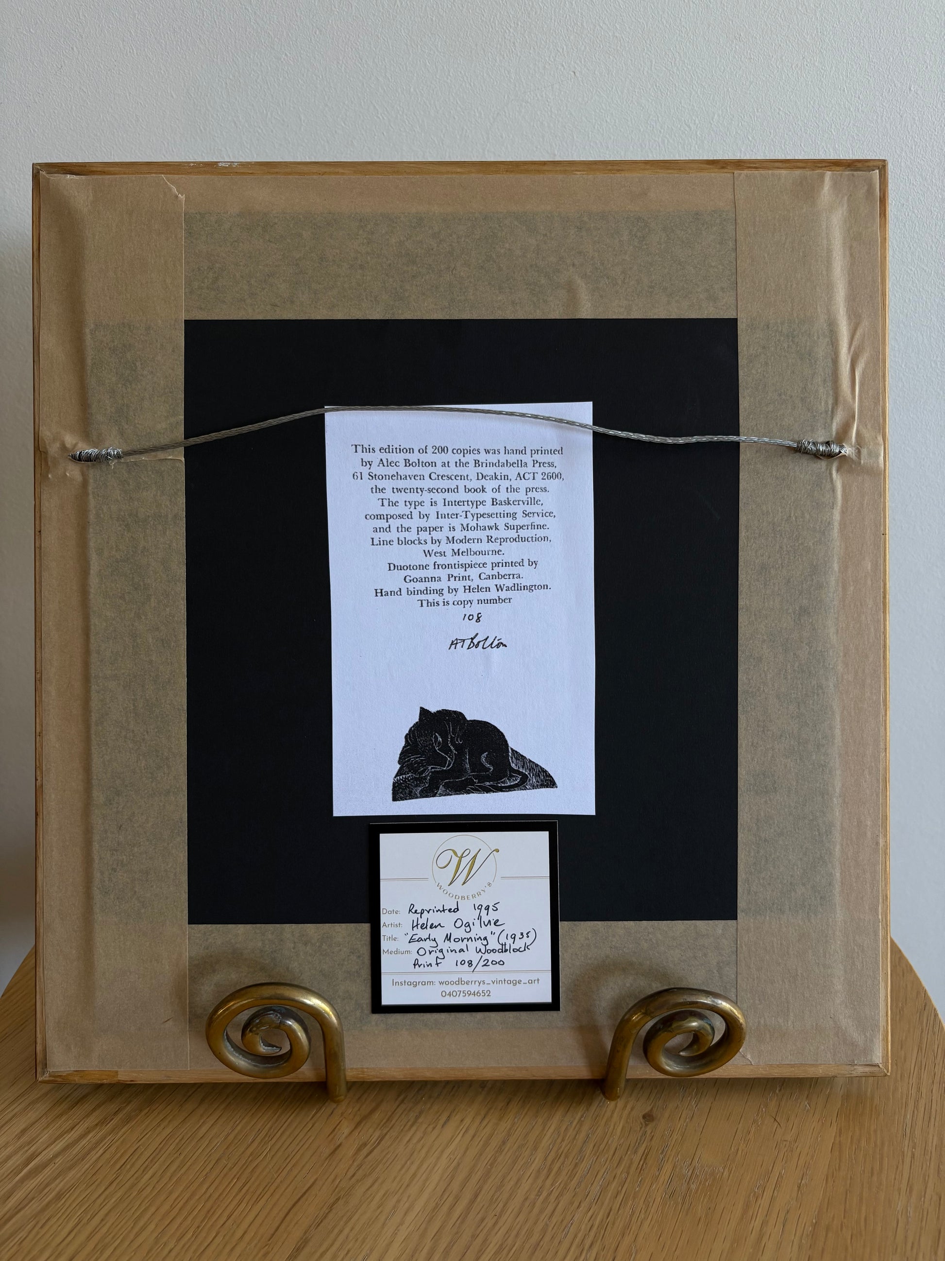 Original Helen Ogilvie woodblock print "Rooster", framed art, Australian artwork