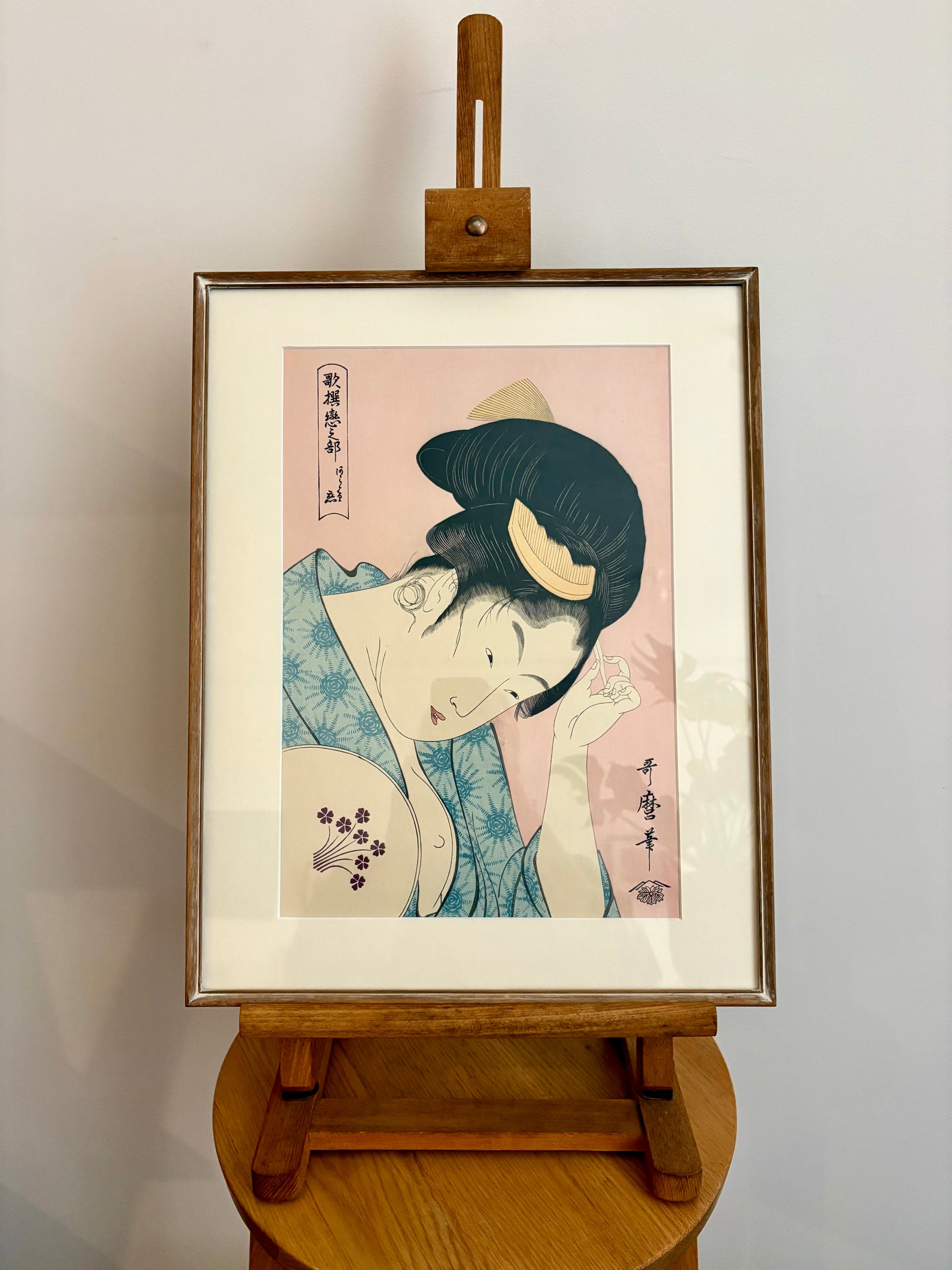 Original woodblock print, reproduction after Utamaro, framed Japanese vintage art