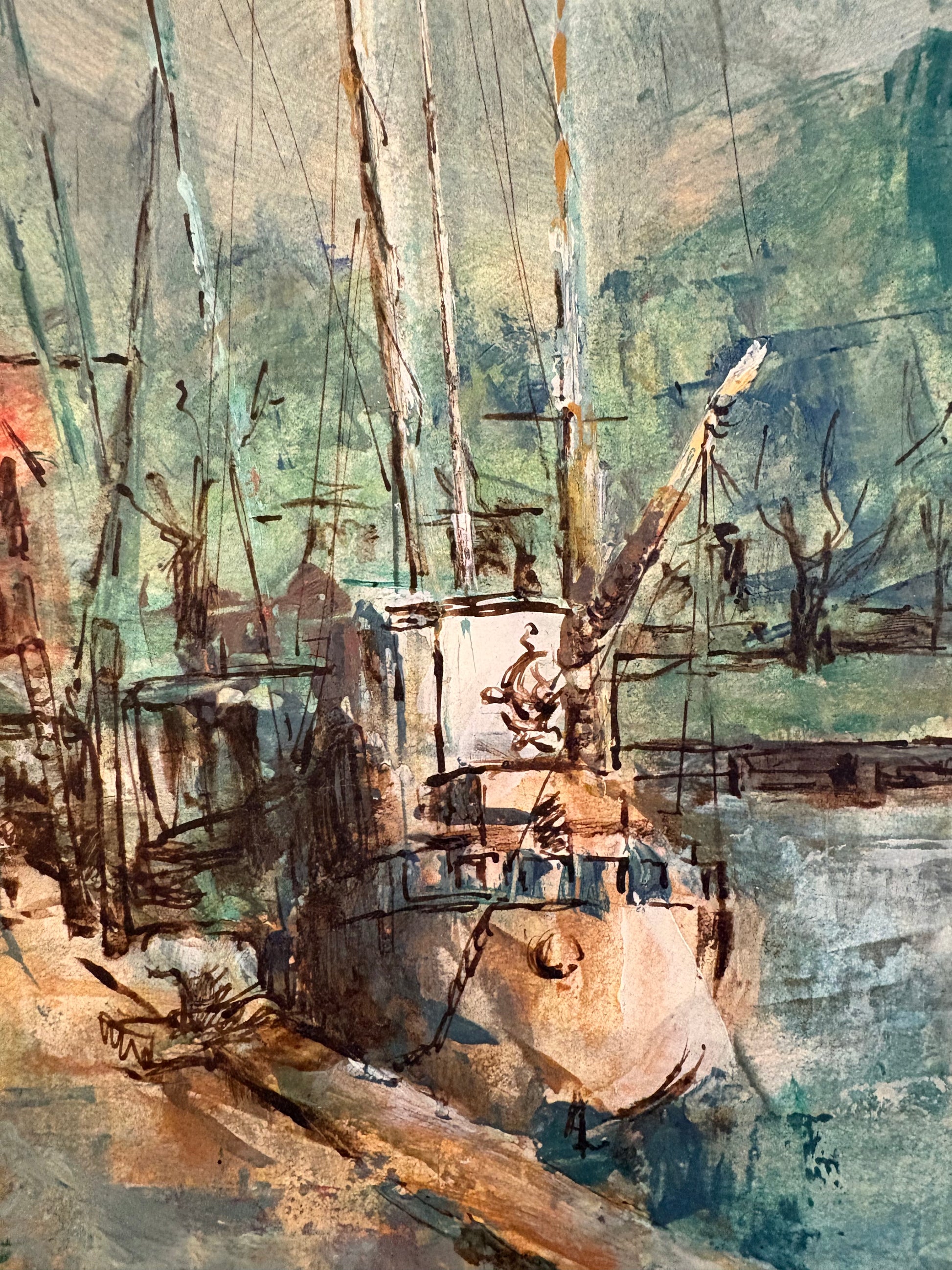 Vintage original oil painting on board, Margaret Cowling, fishing boats, jetty, seaside, framed art