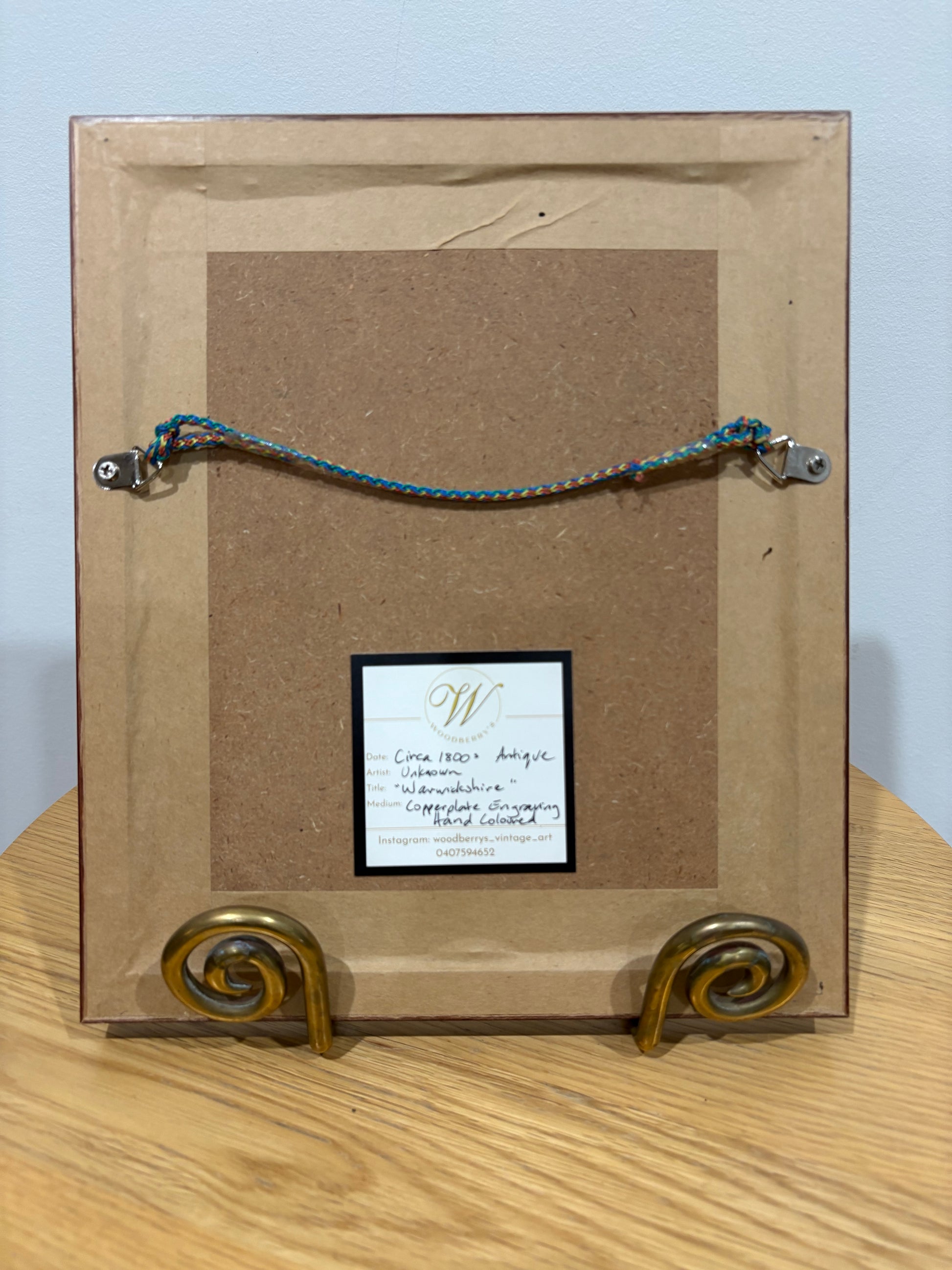 Antique miniature map, Warwickshire, hand coloured engraving, framed