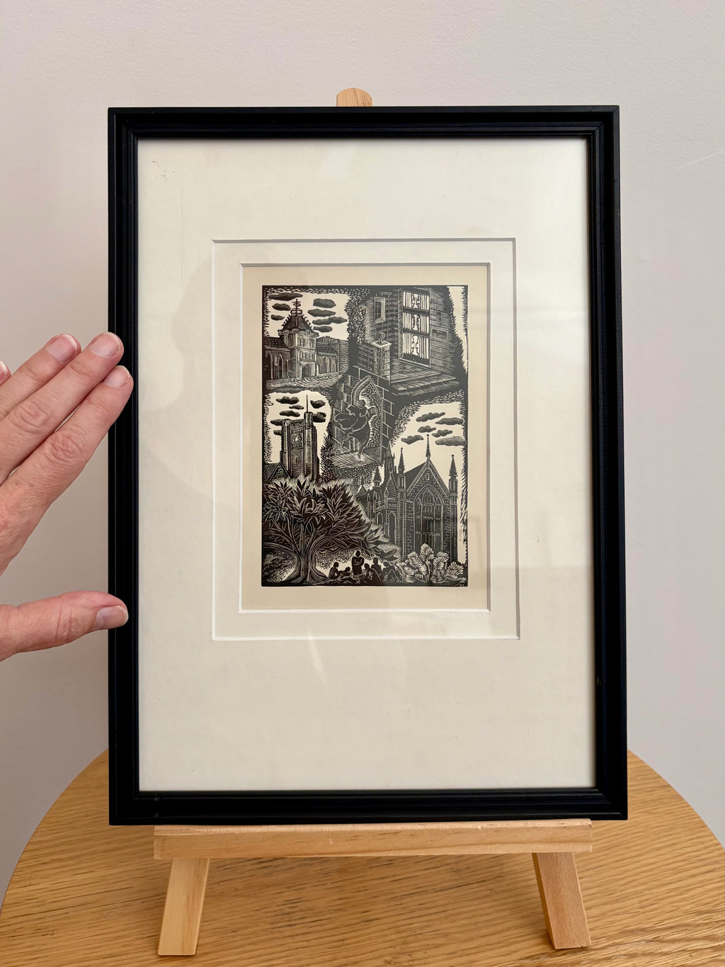 Original Helen Ogilvie woodblock print "Melbourne University", framed art, Architecture, Australian artwork