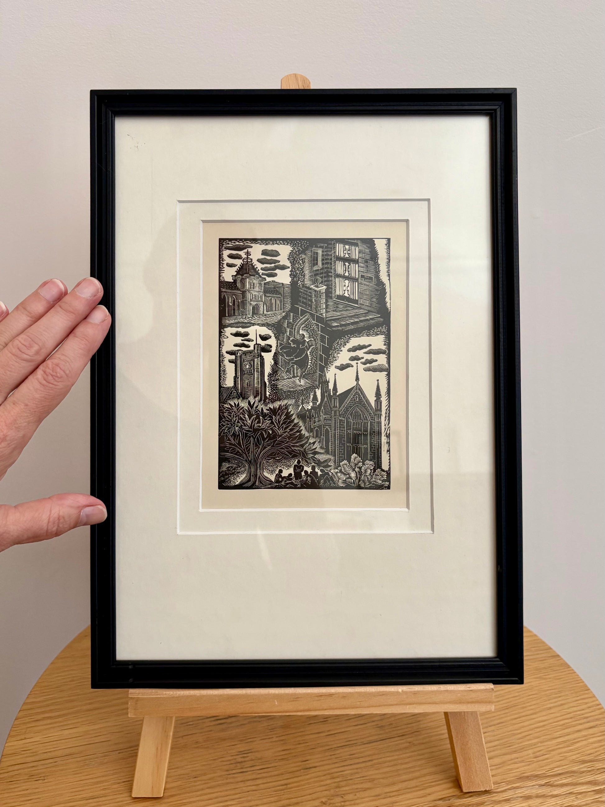 Original Helen Ogilvie woodblock print "Melbourne University", framed art, Architecture, Australian artwork