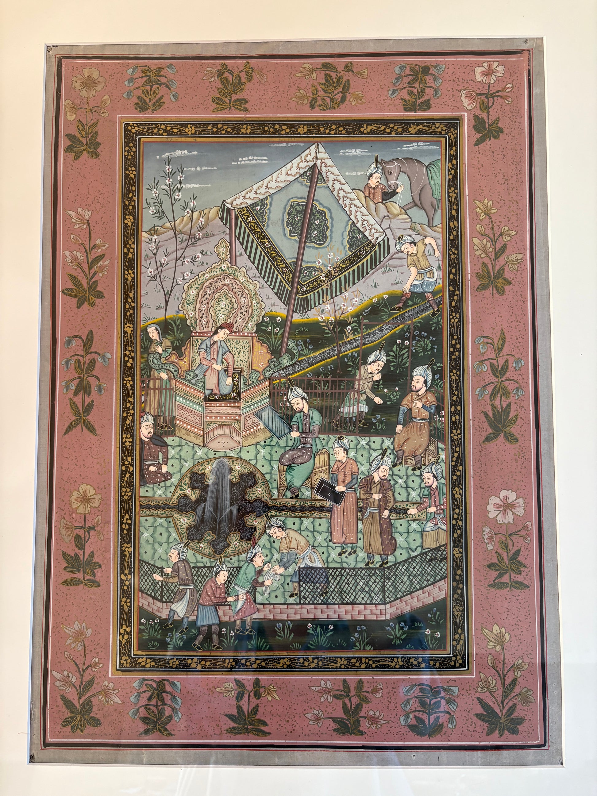 Antique Persian original painting on silk, circa 1900s, Mughal, framed art