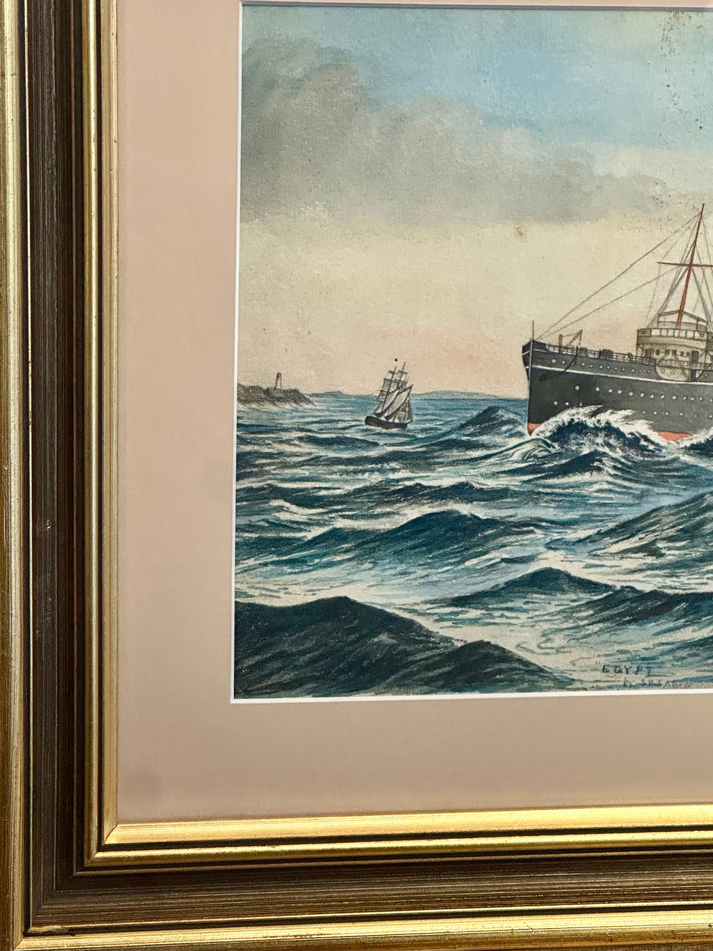 1900s Original watercolour painting, ship, antique framed art