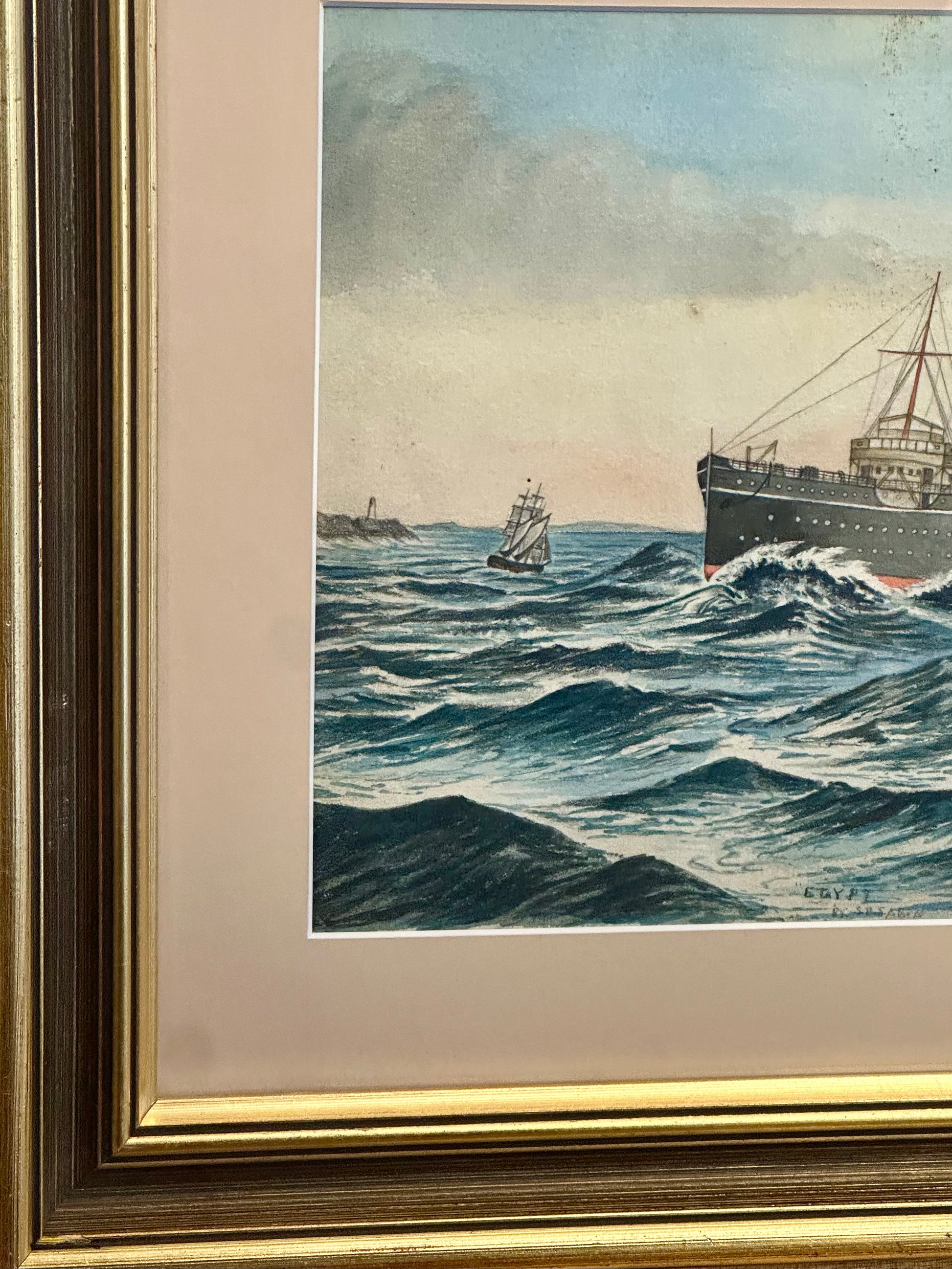 1900s Original watercolour painting, ship, antique framed art