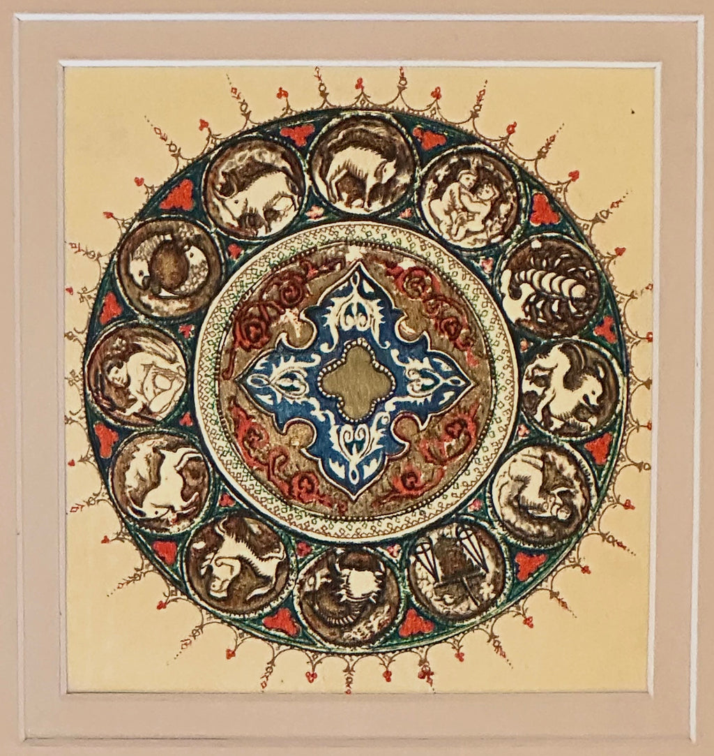 1925 Mariette Lydis gilded offset lithograph, “Zodiac”, mandala, framed art, antique